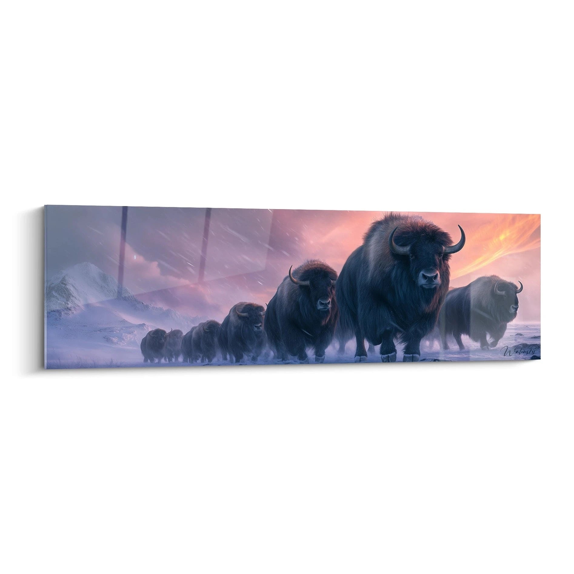 Tableau bison Walensky avec une procession de bisons dans un paysage hivernal coloré