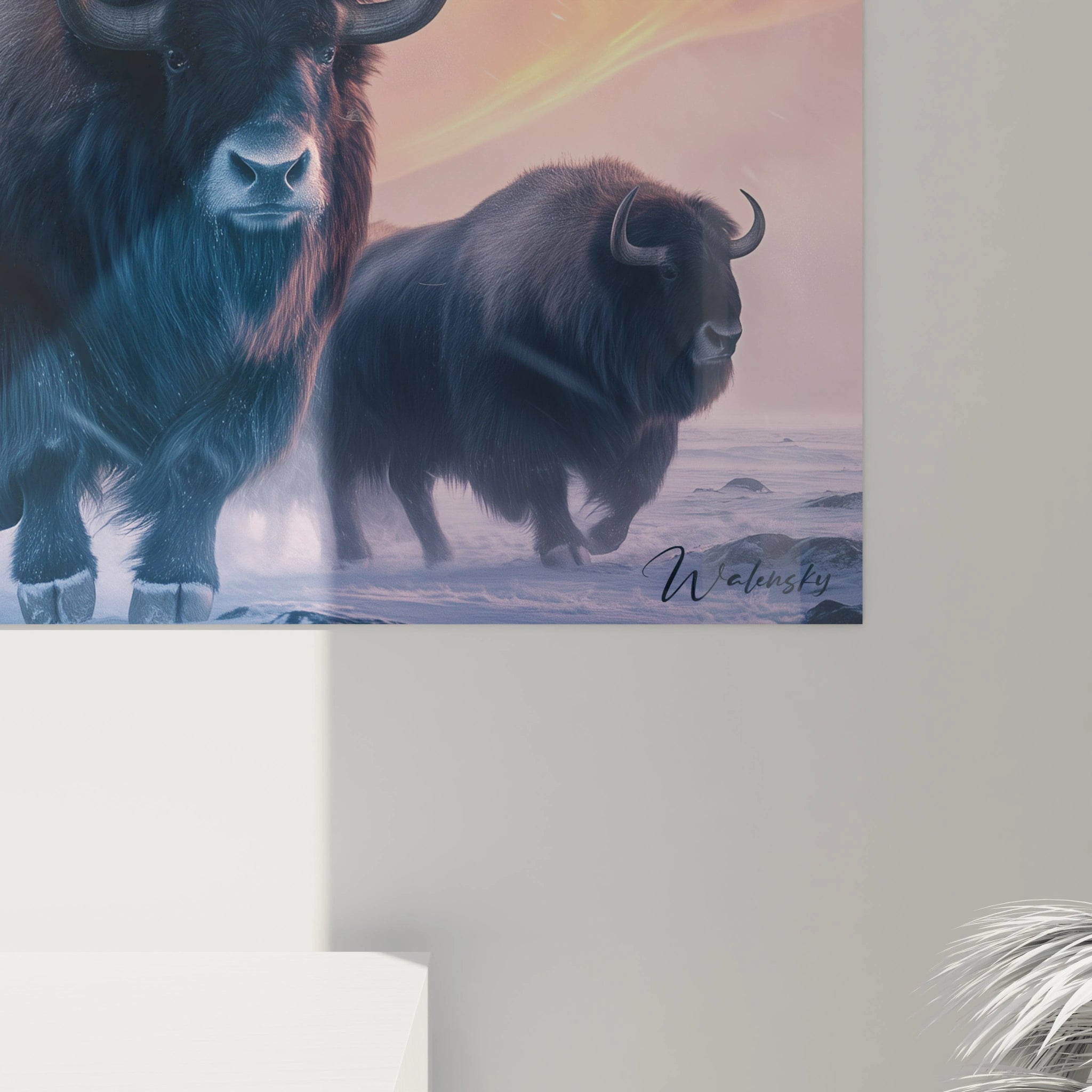 Tableau bison de Walensky, représentant des bisons majestueux dans un paysage pastel
