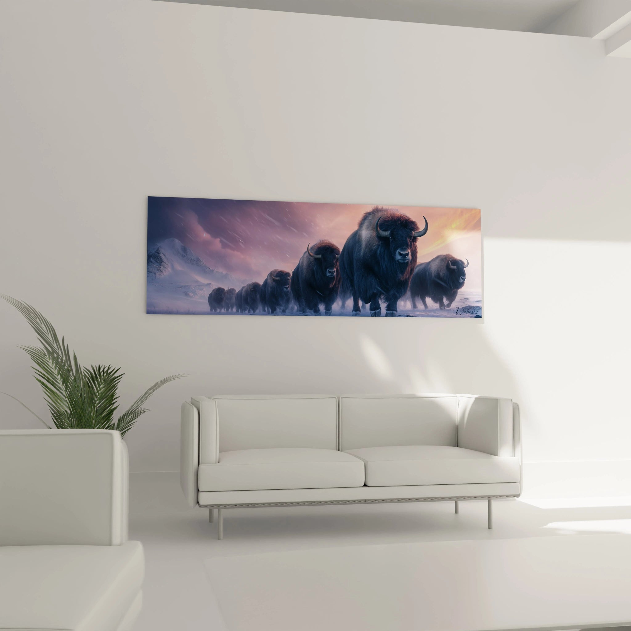 Tableau bison de Walensky, représentant une procession de bisons dans un paysage montagnard