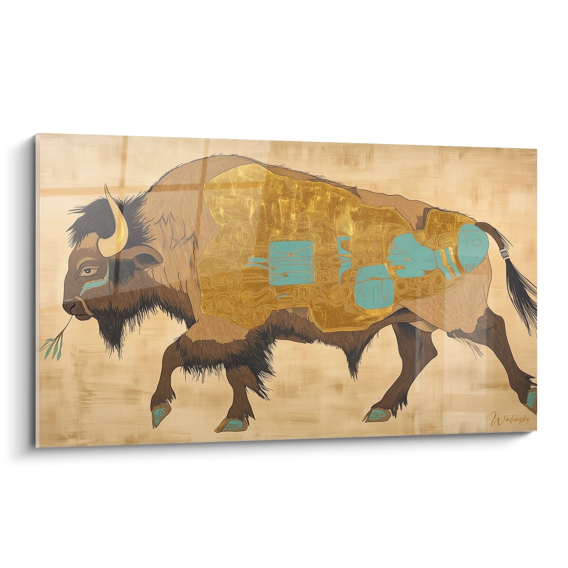 Tableau bison en bois de Walensky avec design artistique et couleurs vives pour décoration intérieure