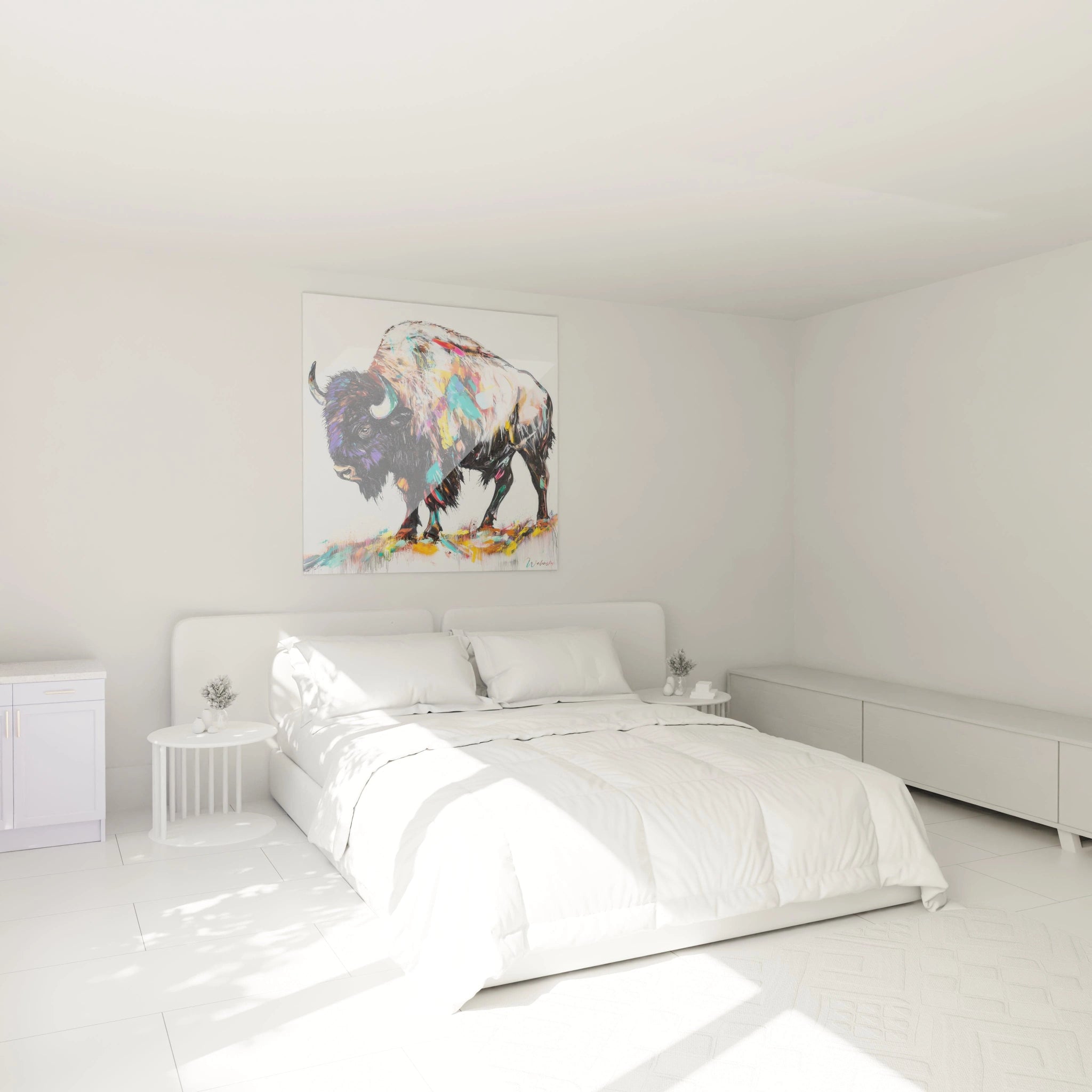 Tableau coloré de bison Walensky accroché au mur d'une chambre moderne avec lit blanc