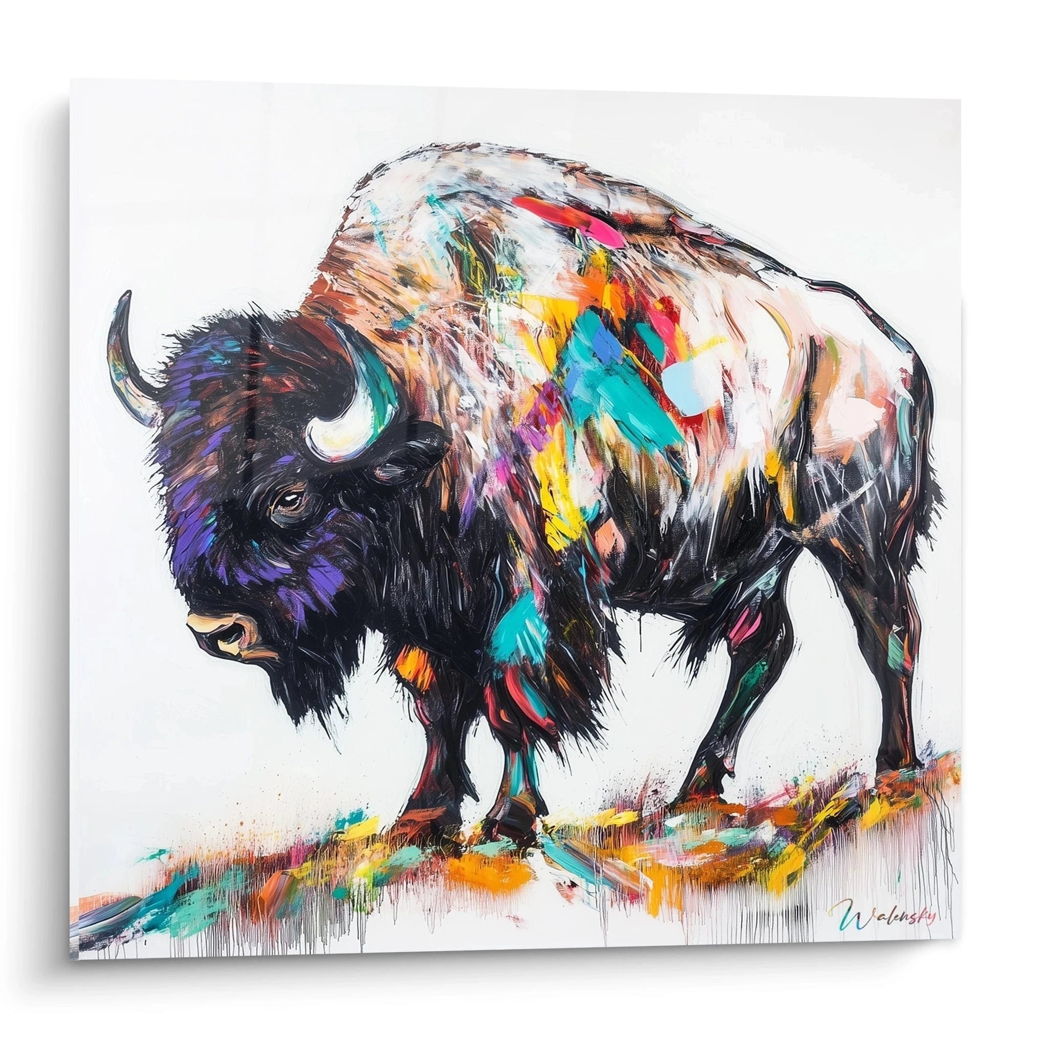 Tableau d'un bison coloré par Walensky, art moderne avec des éclats de peinture vibrants