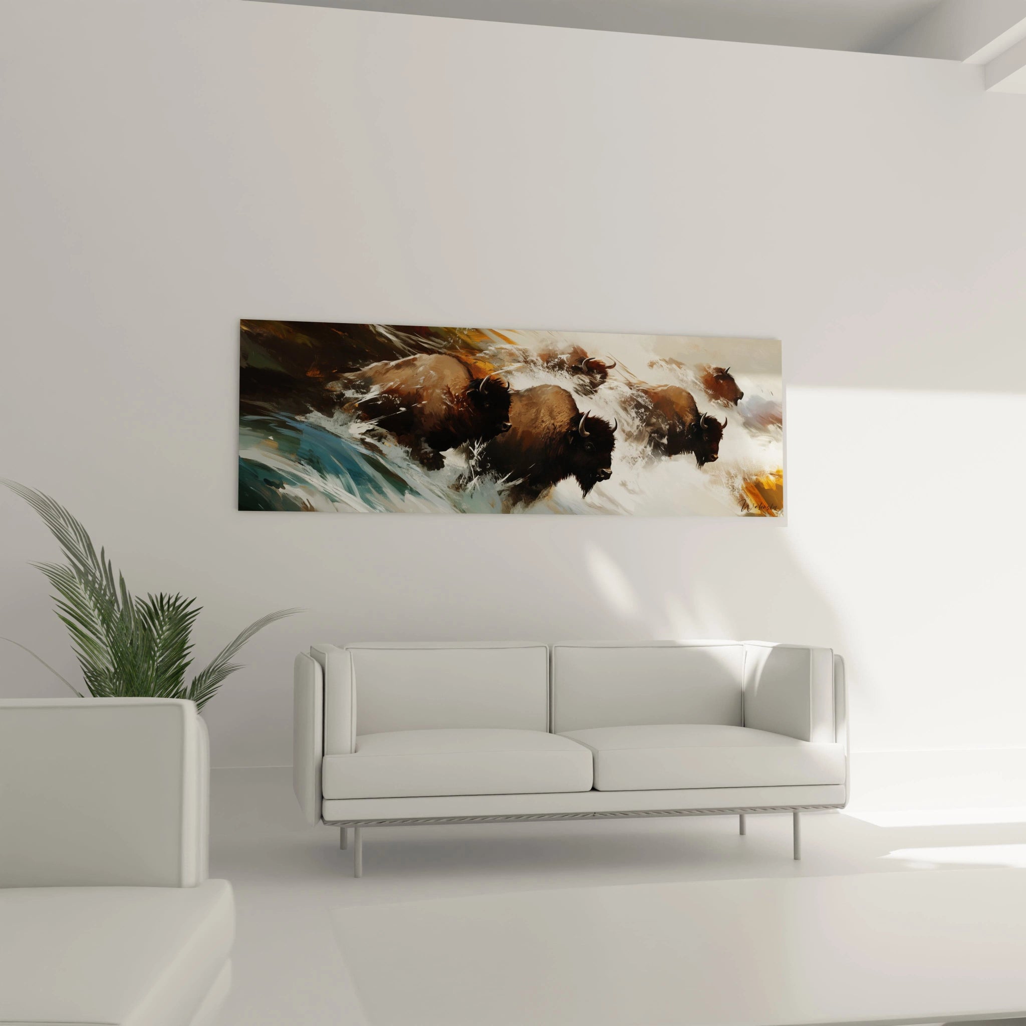 Tableau bison Walensky sur un mur minimaliste, ajoutant une touche artistique à votre décoration intérieure