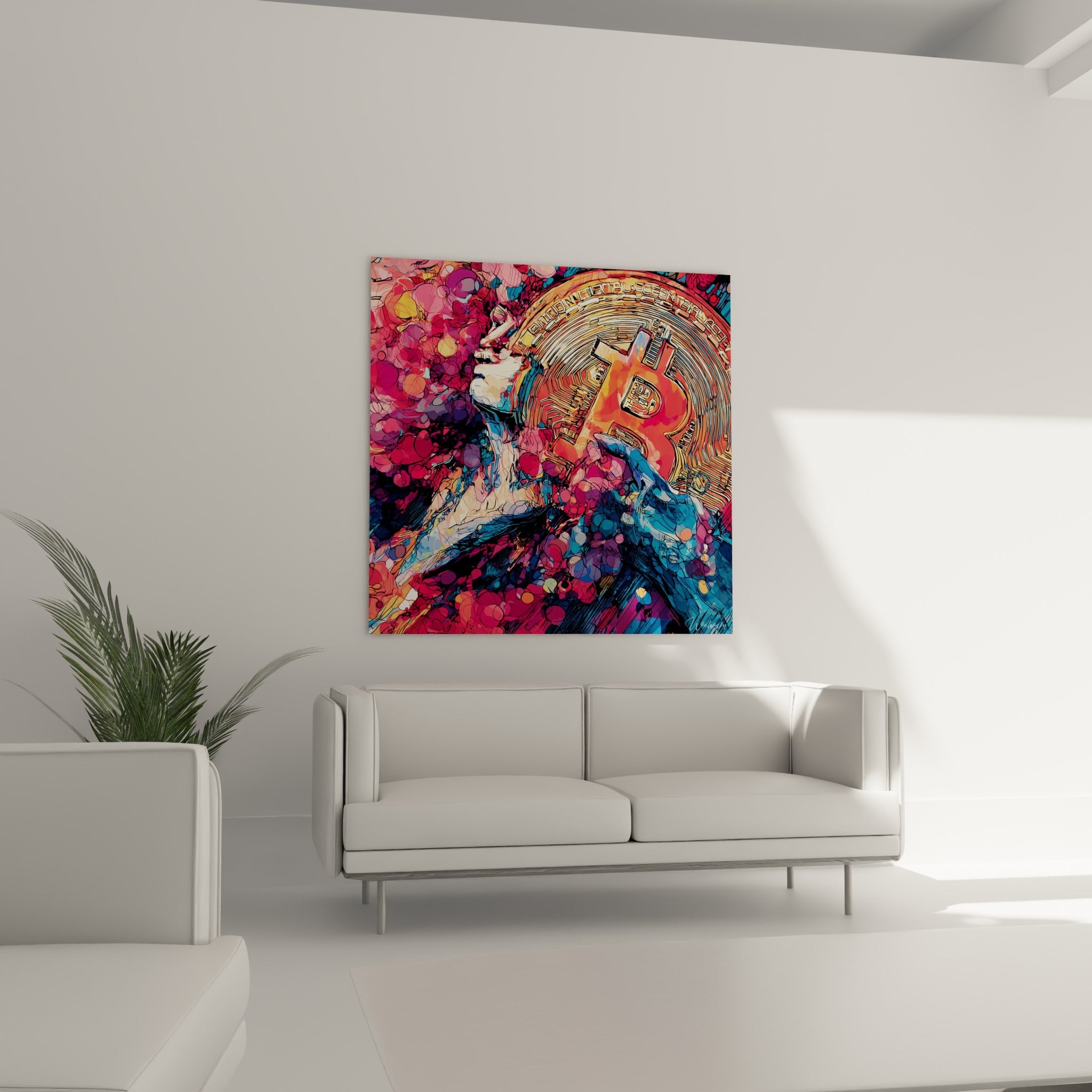 Portrait coloré aux bulles fuchsia et violettes entourant un Bitcoin orangé, au-dessus d'un canapé dans un salon lumineux