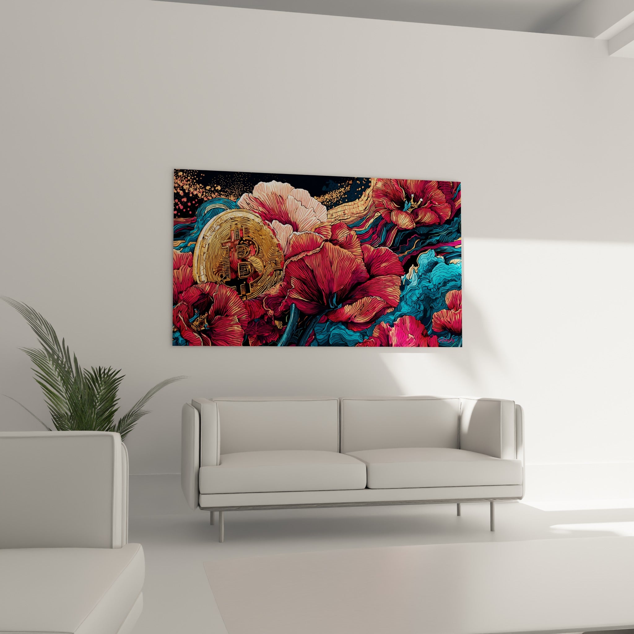 Fleurs rouges et pièce Bitcoin dorée disposées au-dessus d'un canapé dans un salon lumineux