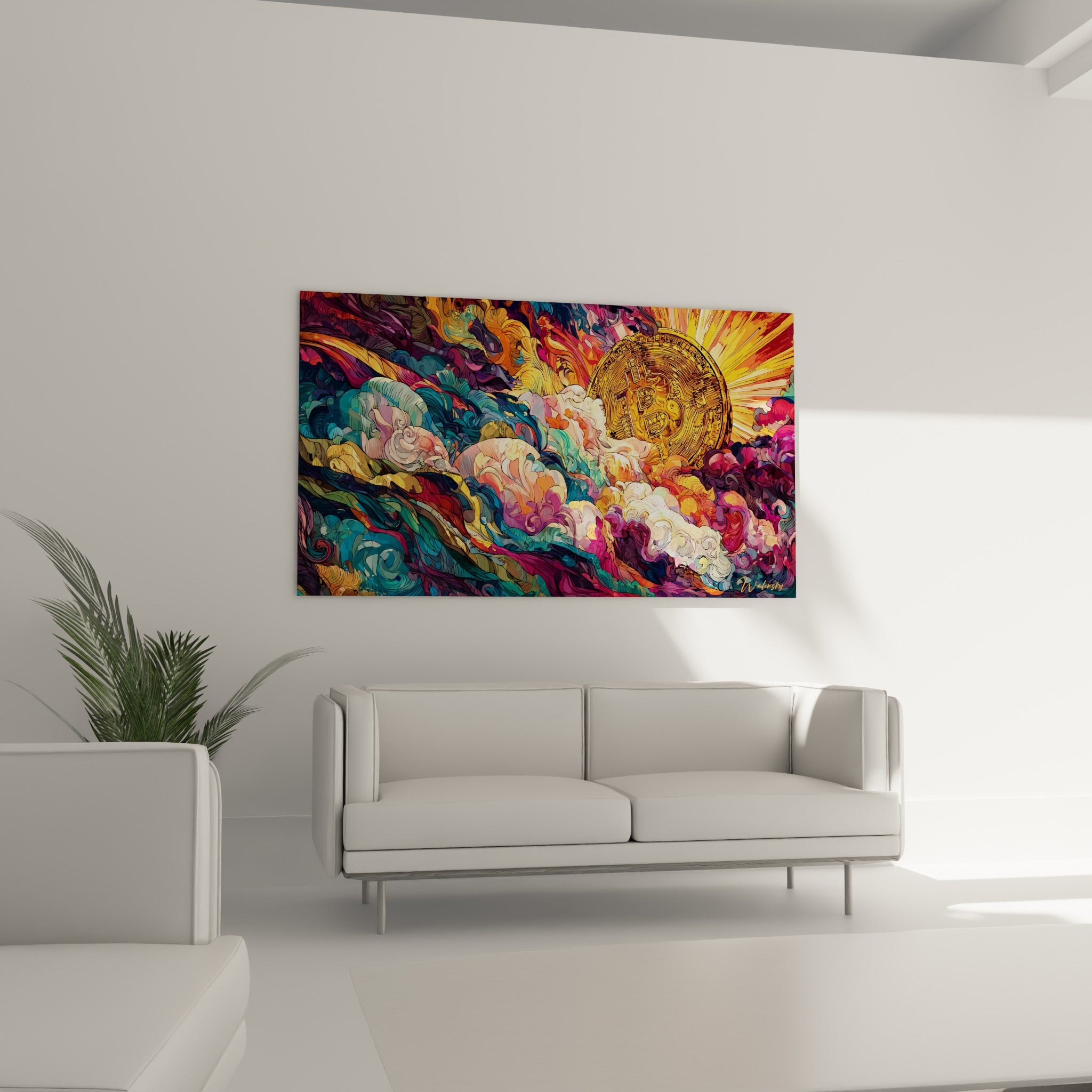 Vagues turquoise et corail entourant le symbole Bitcoin doré au-dessus d'un canapé dans un salon lumineux