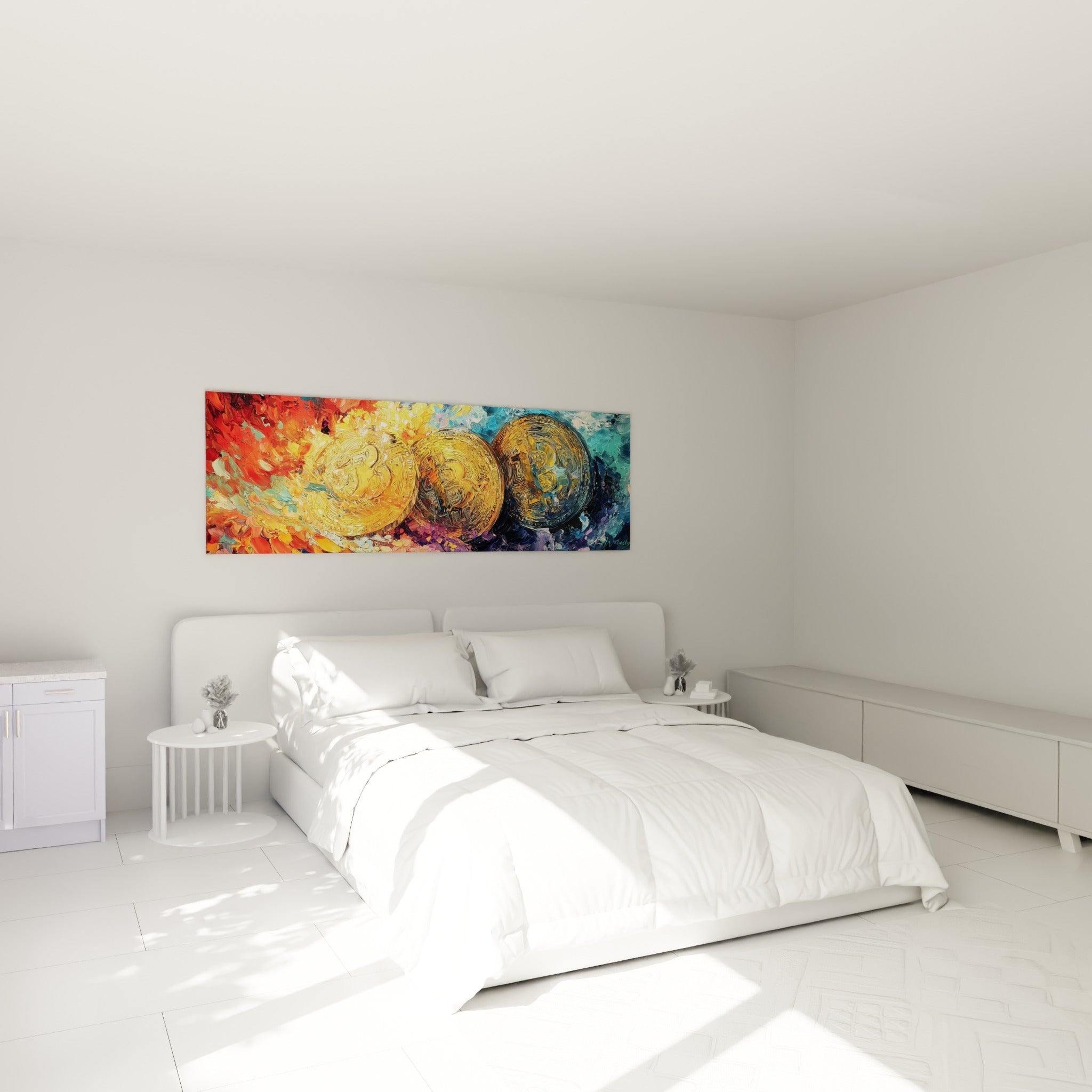 Pièces Bitcoin dorées et matière épaisse au couteau, accrochées au-dessus d'un lit dans une chambre claire