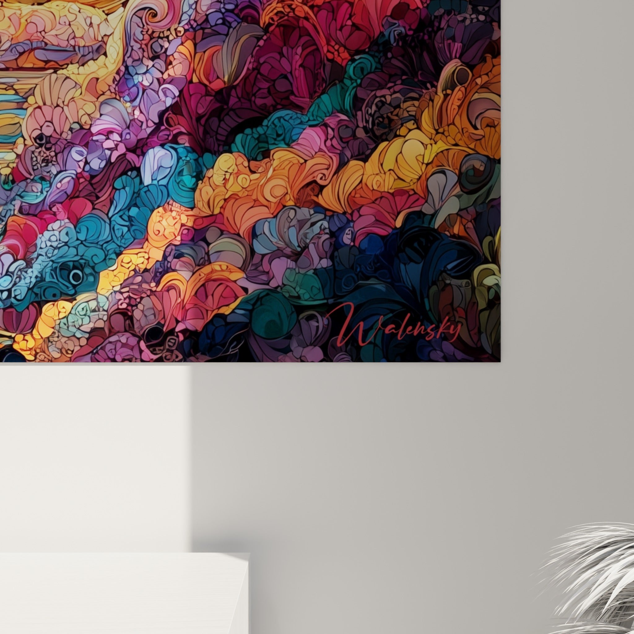 Détail des motifs entrelacés du tableau Bitcoin, textures dorées et bleu profond visibles de près