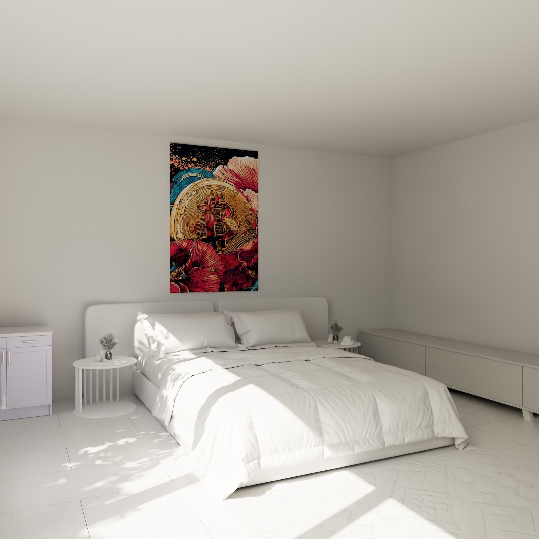 Symbole Bitcoin doré et fleurs fuchsia au-dessus d'un lit dans une chambre claire
