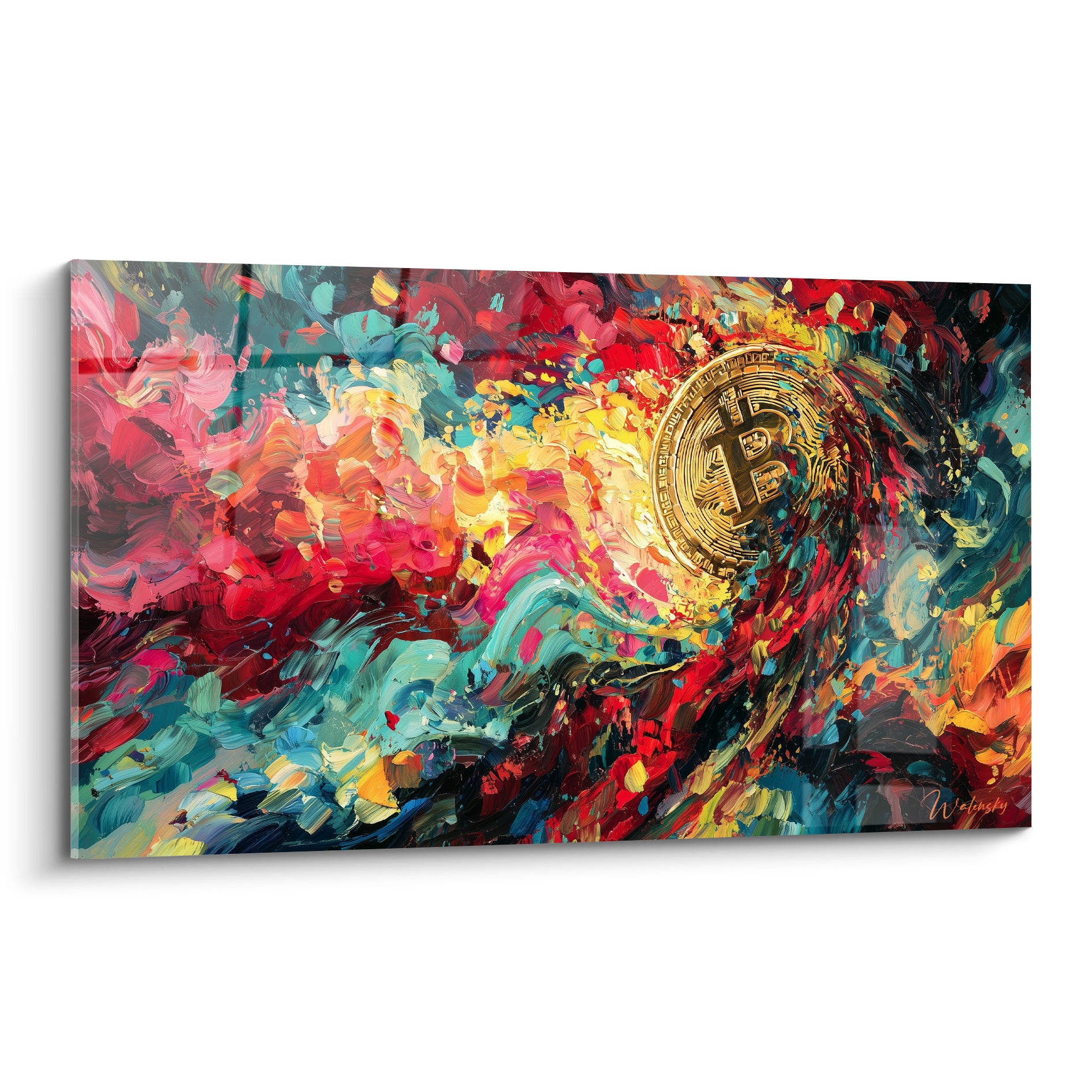 Pièce Bitcoin dorée surgissant d'un tourbillon rouge, turquoise et jaune abstrait
