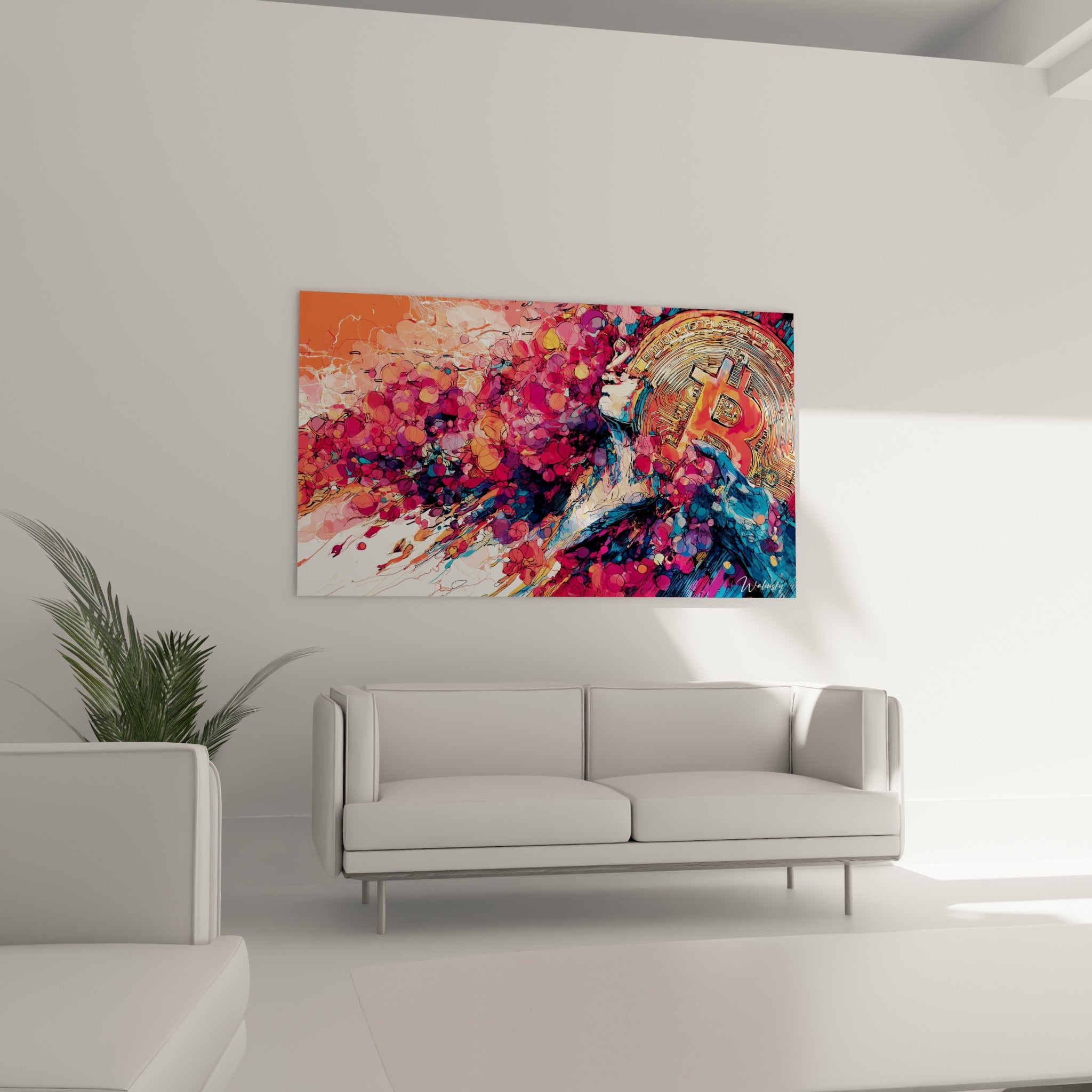 Explosion de bulles magenta et bleu marine autour d'un visage évoquant Bitcoin, au-dessus d'un canapé dans un salon lumineux
