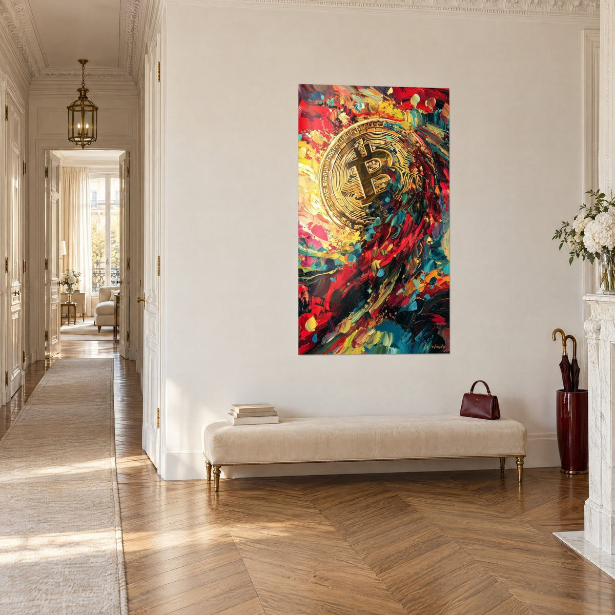 Quadro con medaglia crypto dorata cerchiata di pittura spessa gialla e carminio, vista di tre quarti in fondo a un corridoio in parquet