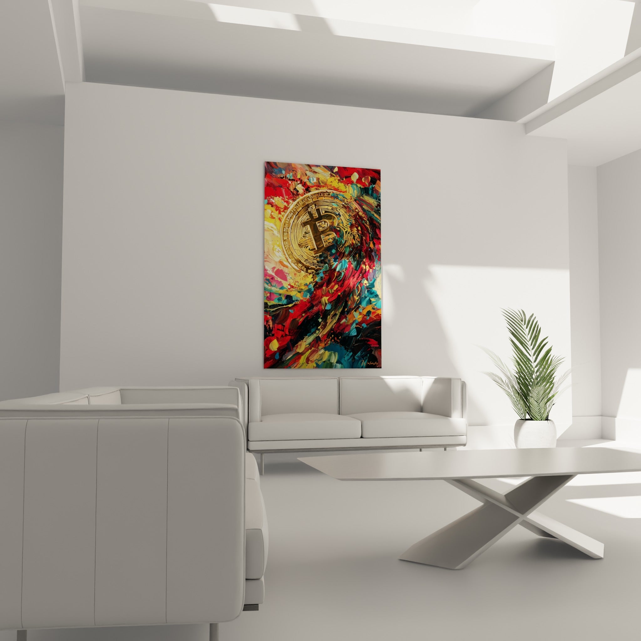 Éclats turquoise et dorés du tableau Bitcoin au-dessus d'un canapé dans un salon lumineux
