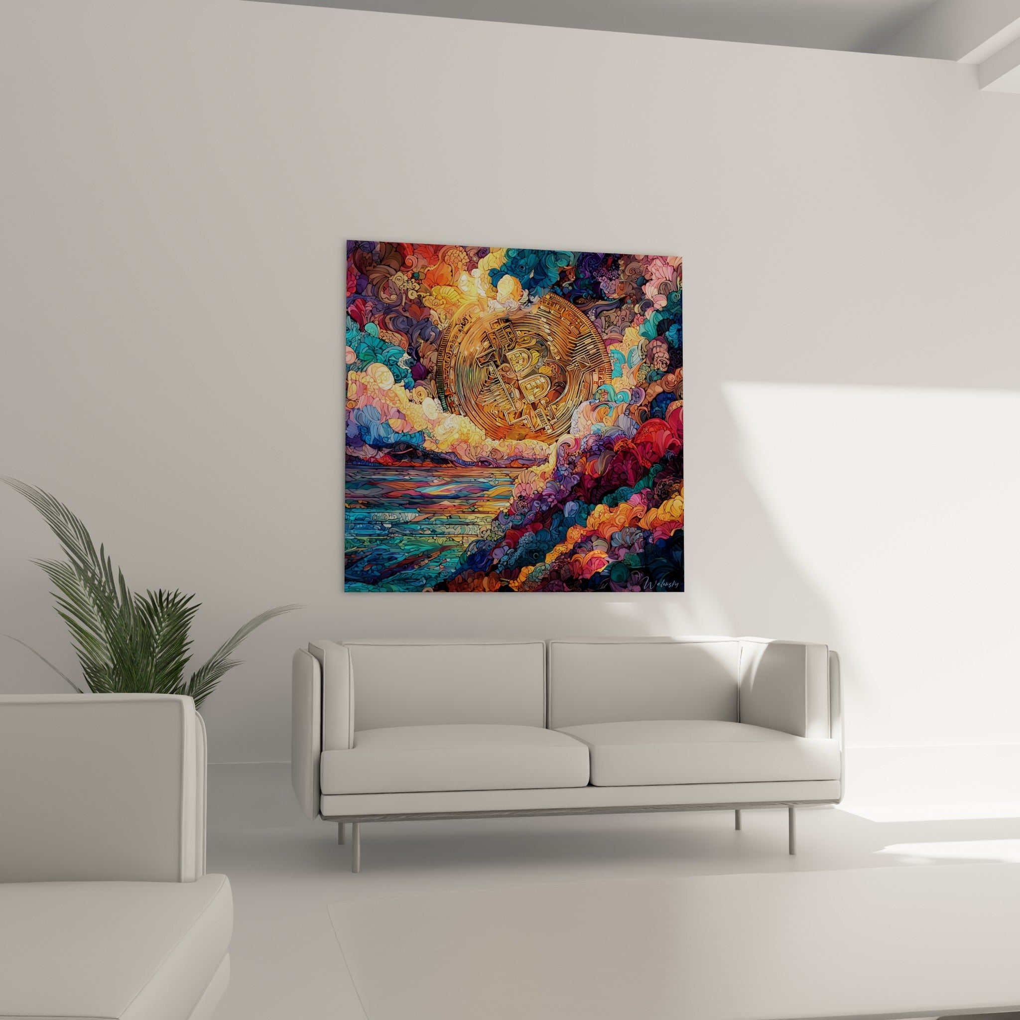 Motifs violets et cuivrés entourant le Bitcoin accrochés au-dessus d'un canapé dans un salon lumineux