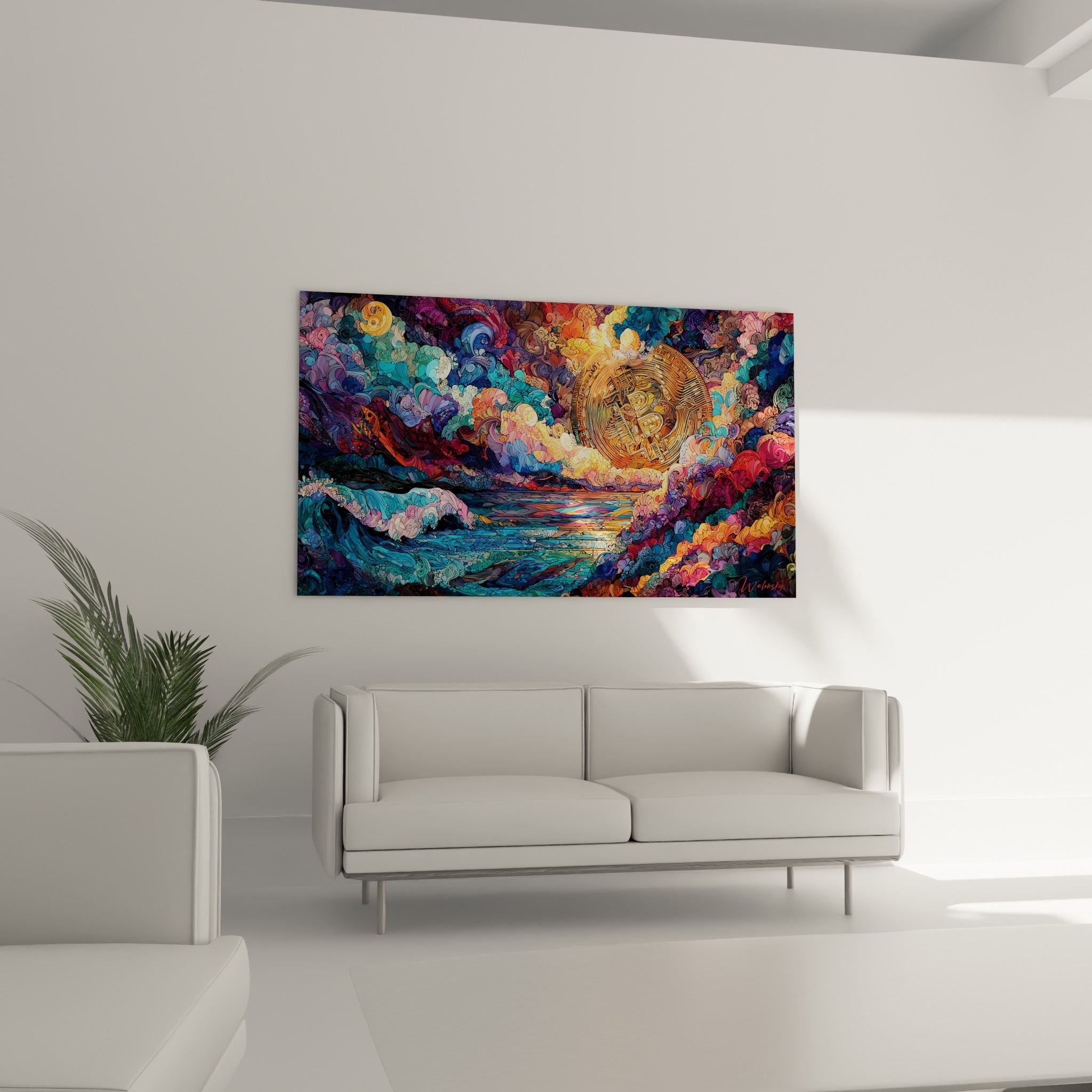 Océan Bitcoin corail et turquoise disposé au-dessus d'un canapé dans un salon lumineux