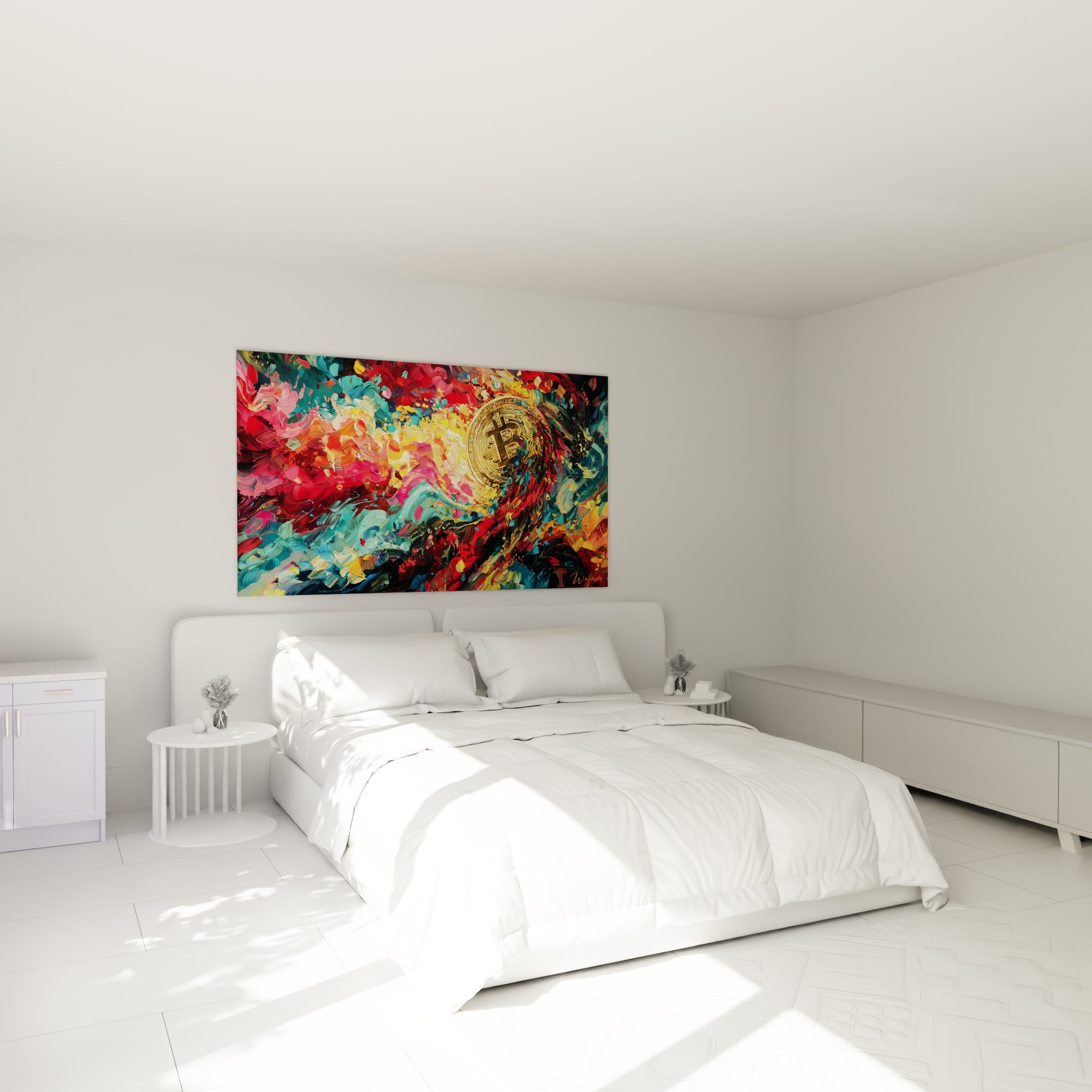 Symbole Bitcoin doré entouré de rouge et turquoise, au-dessus d'un lit dans une chambre claire
