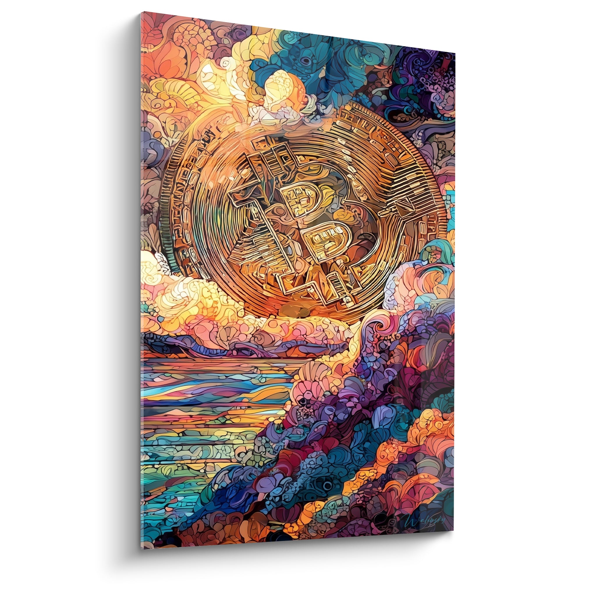 Pièce Bitcoin dorée sur mosaïque bleu marine et violette, style vitrail éclatant