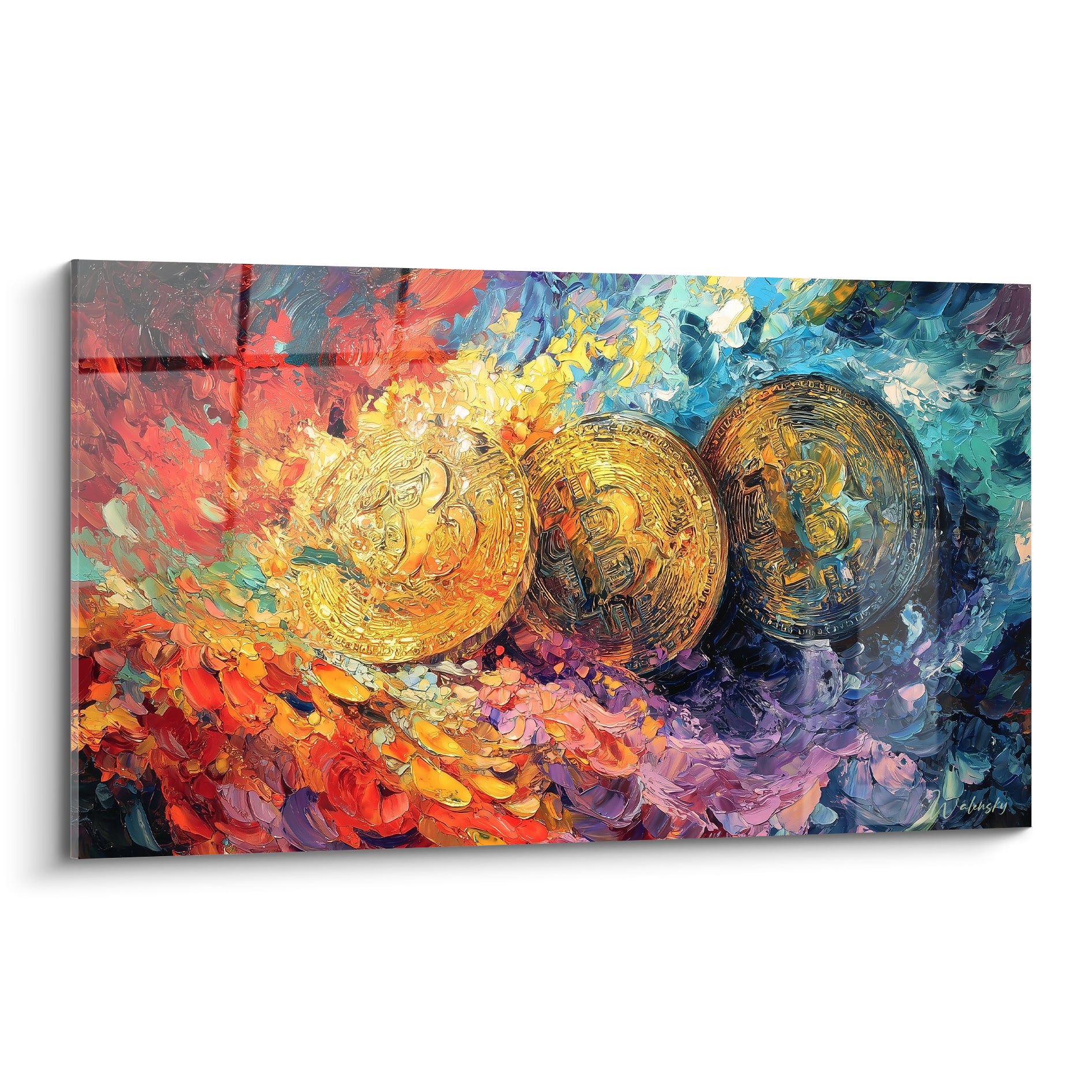 Trois pièces Bitcoin dorées émergent d'un tourbillon rouge orangé et bleu turquoise en peinture texturée