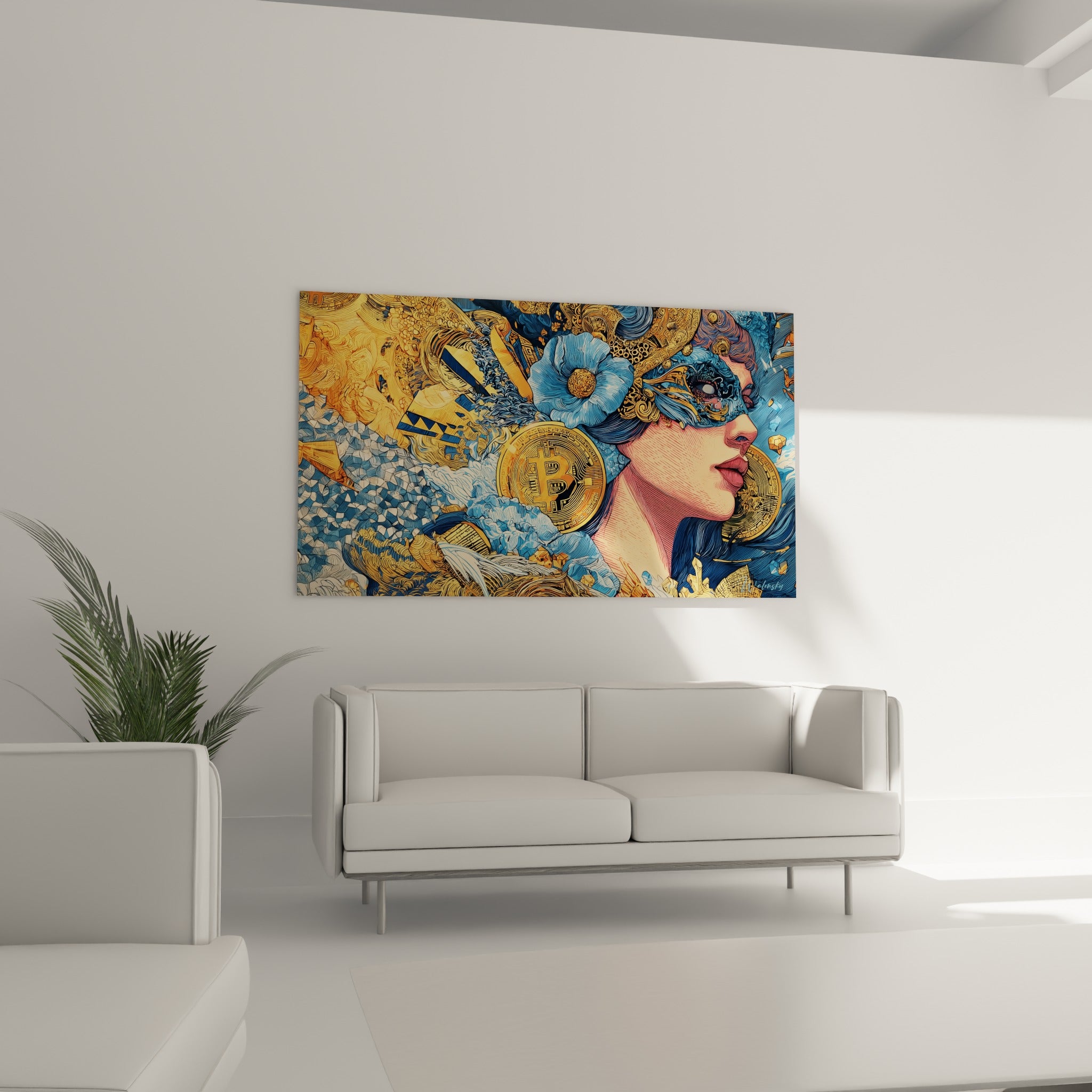 Figure mystérieuse aux tons ocre et bleu marine, pièces Bitcoin dorées visibles, au-dessus d'un canapé dans un salon lumineux