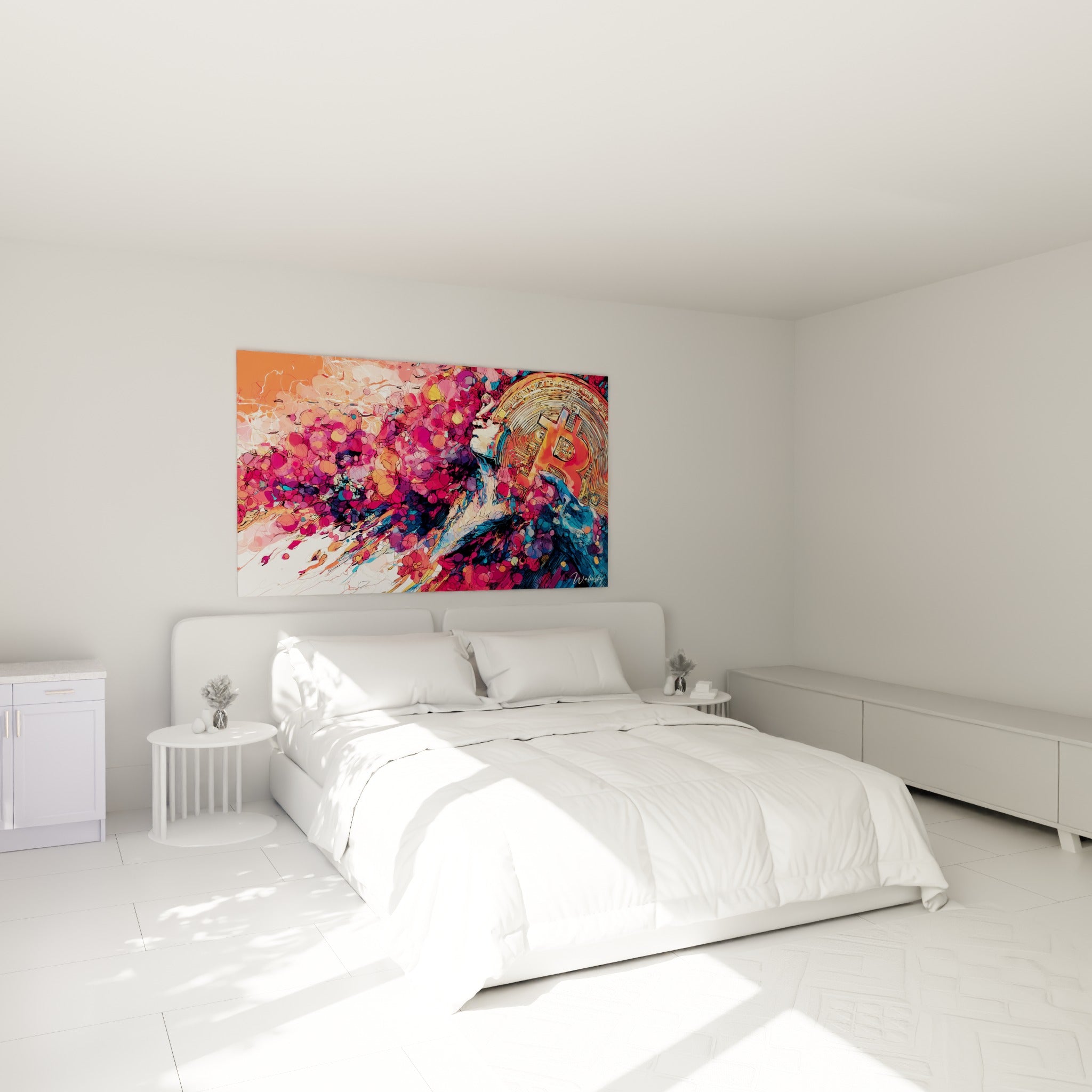 Portrait abstrait rose corail et doré représentant Bitcoin, accroché au-dessus d'un lit dans une chambre claire