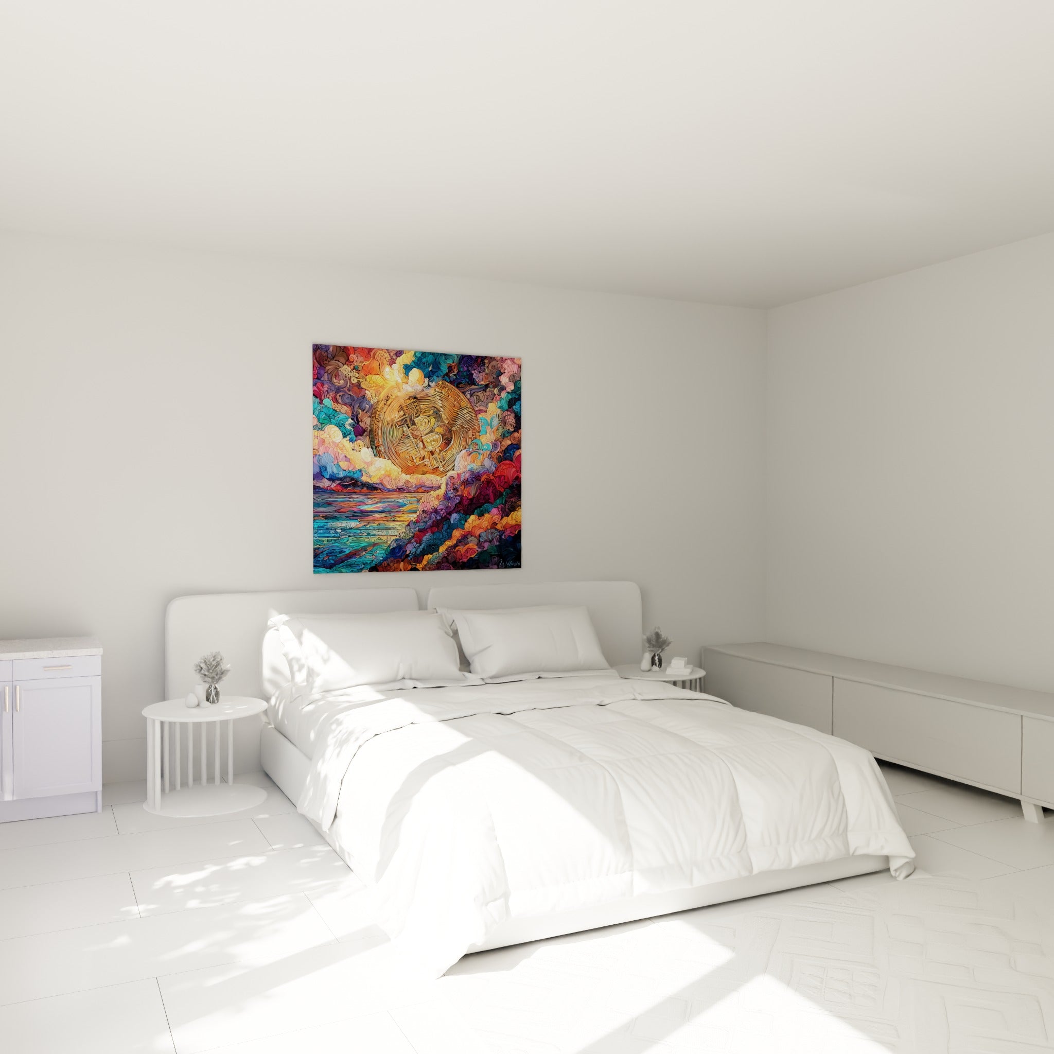Composition dorée et bleu turquoise du Bitcoin accrochée au-dessus d'un lit dans une chambre claire