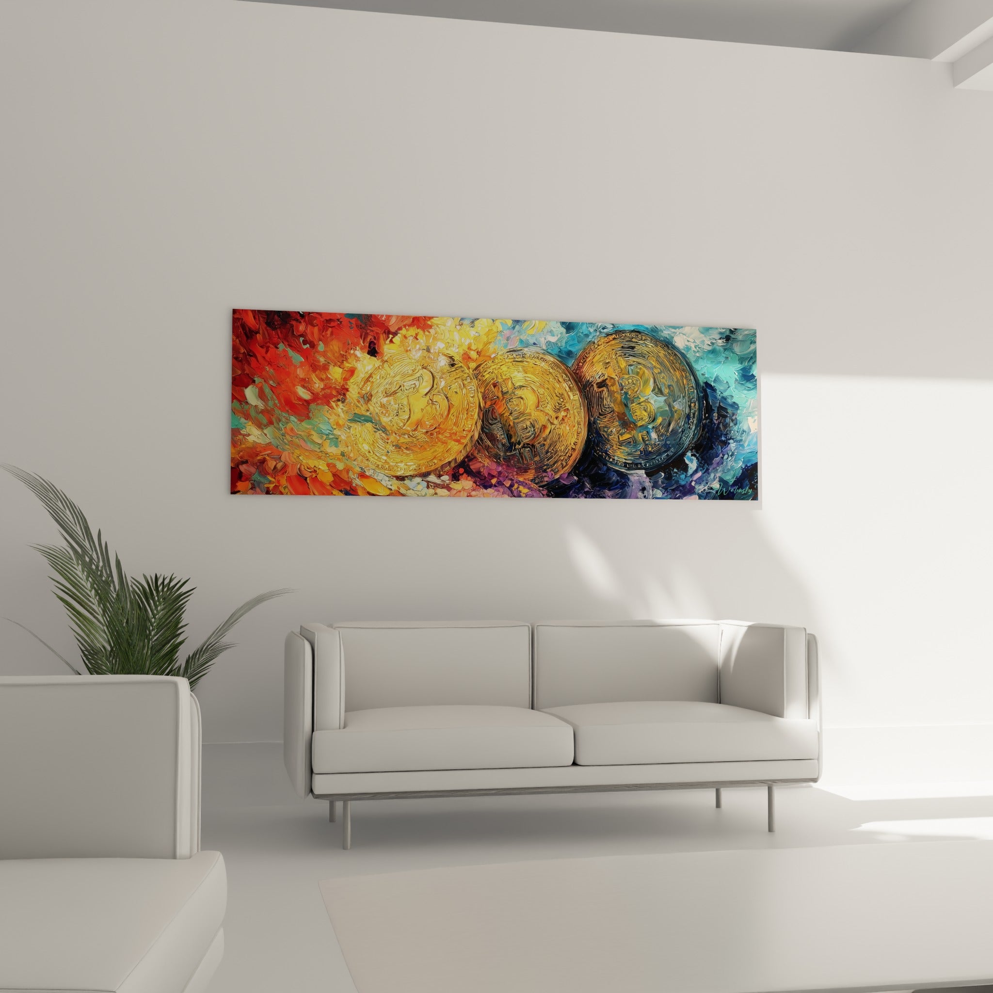 Trio de pièces Bitcoin dorées sur fond bleu et rouge vibrant, au-dessus d'un canapé dans un salon lumineux