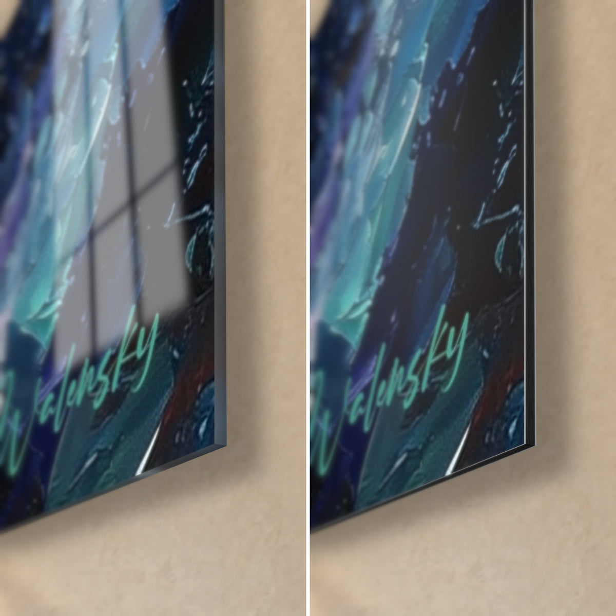 Tableau pièces dorées bitcoin, coin bas droit : verre brillant aux reflets de fenêtre, alu Dibond mat, tranche de 3 mm, bleu et or