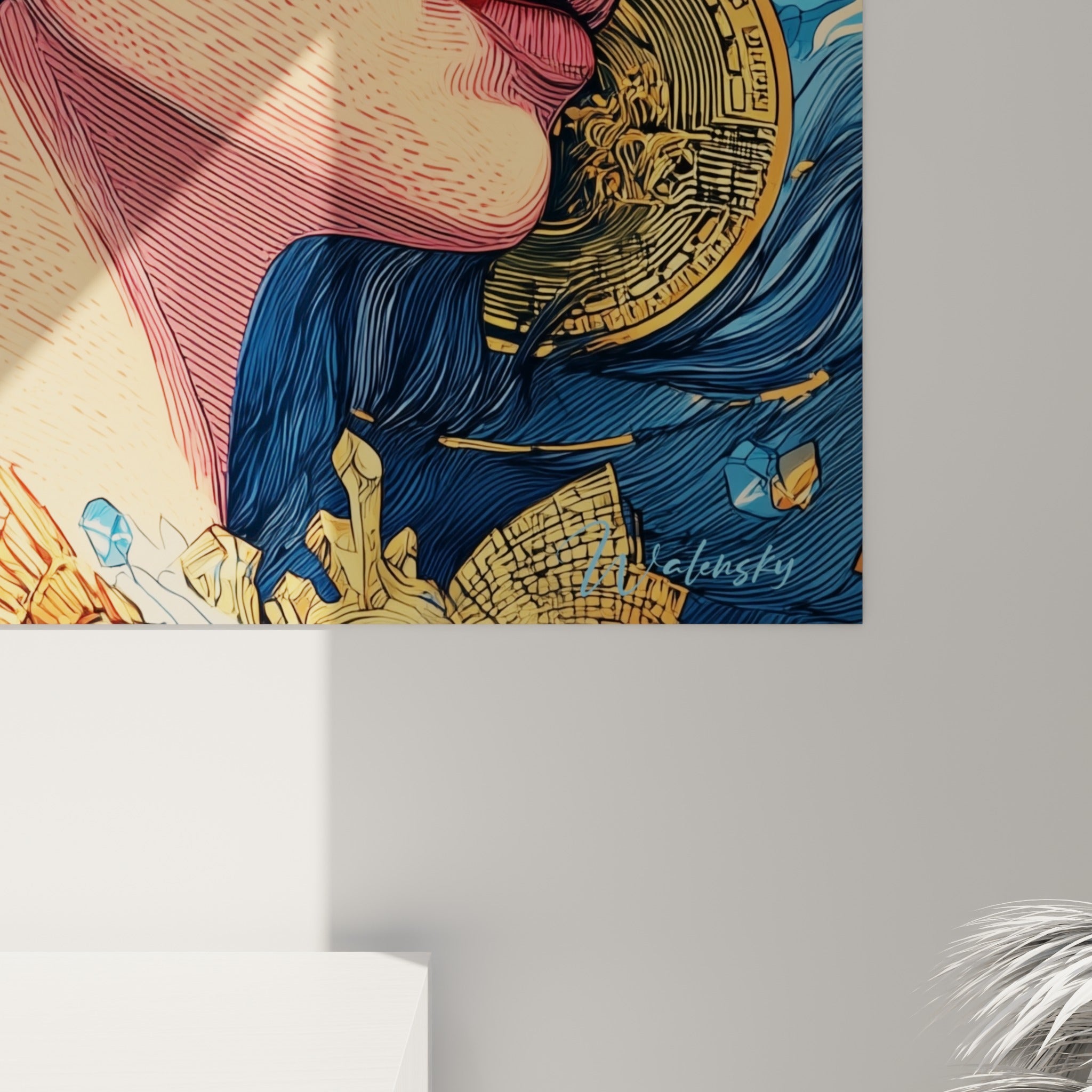 Détail du masque doré et des textures bleu marine, gravures fines et reliefs dorés visibles sur l'impression