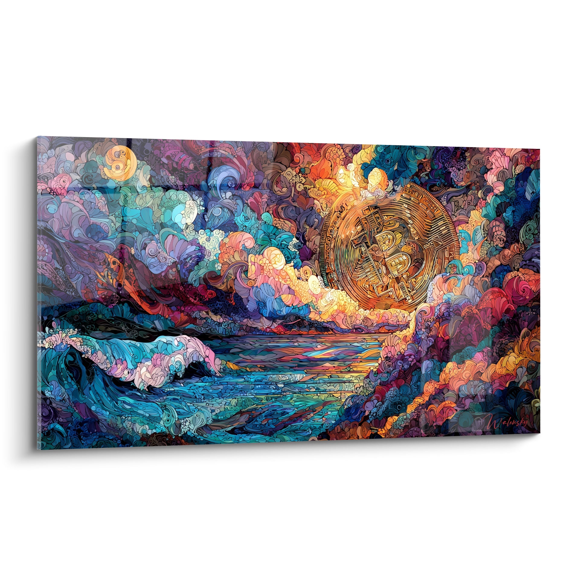Pièce Bitcoin dorée émergeant d'une vague turquoise et violette en mosaïque graphique