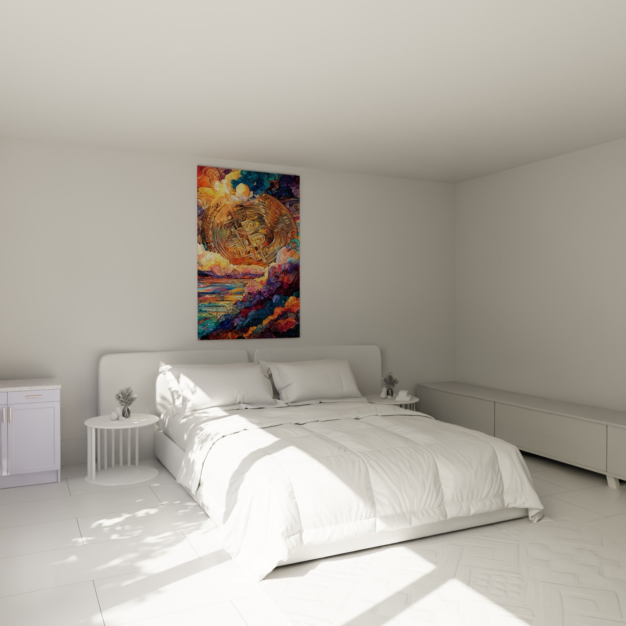 Symbole Bitcoin doré et vague turquoise au-dessus d'un lit dans une chambre claire