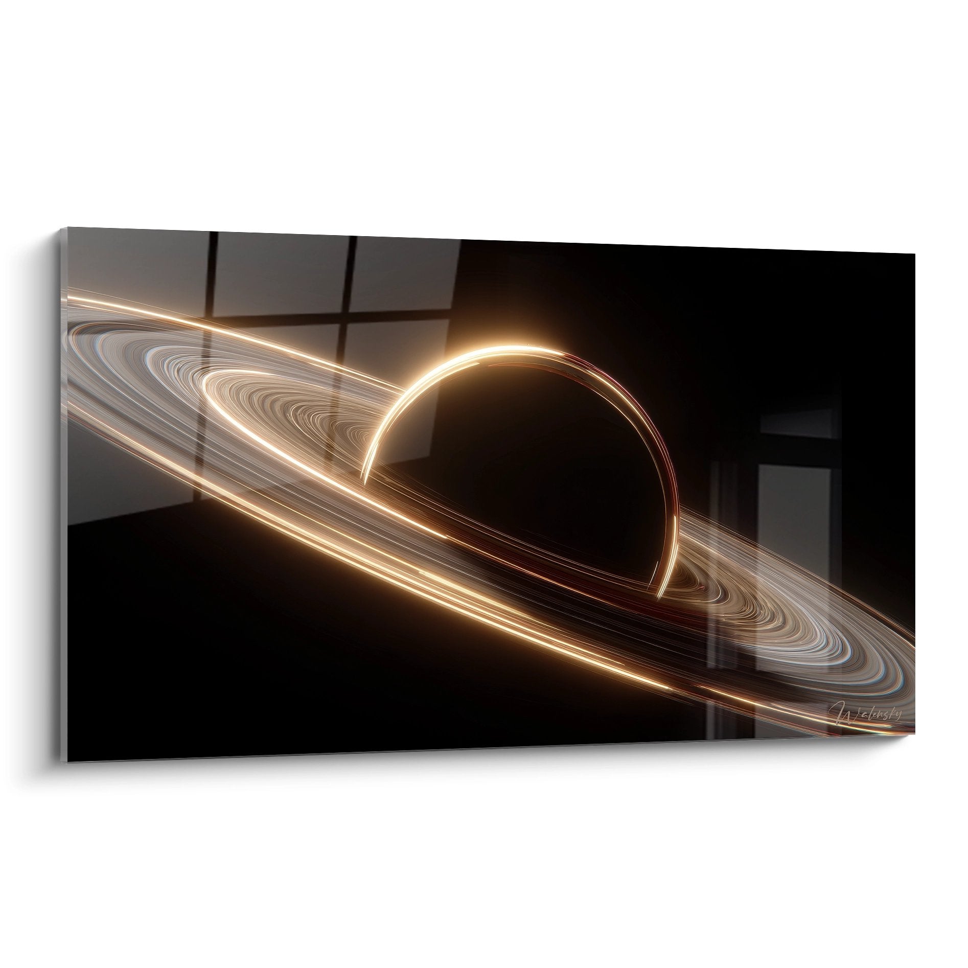 Tableau mural black hole avec anneaux lumineux dorés et disque d'accrétion brillant sur fond noir