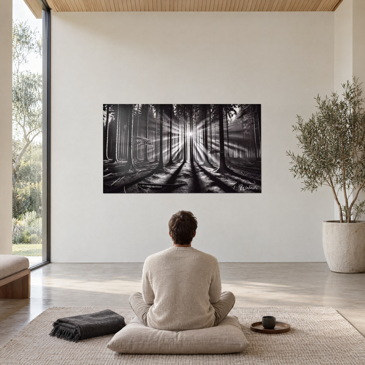 Quadro bosco controluce, sole bianco e lunghe ombre nere, parete bianca, ulivo in vaso, meditante seduto su un cuscino