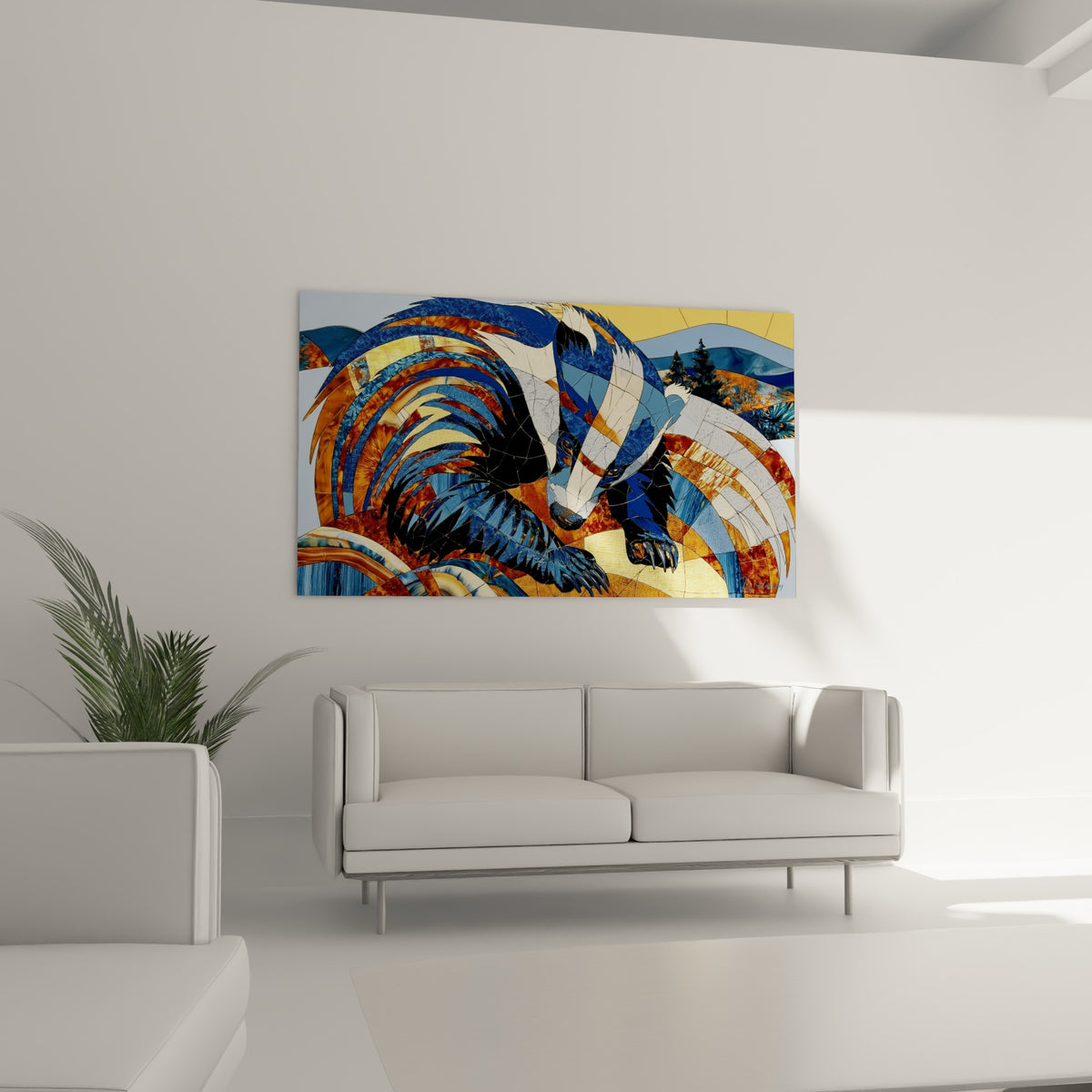 Silhouette du blaireau ambre et bleu marine, au-dessus d'un canapé dans un salon lumineux
