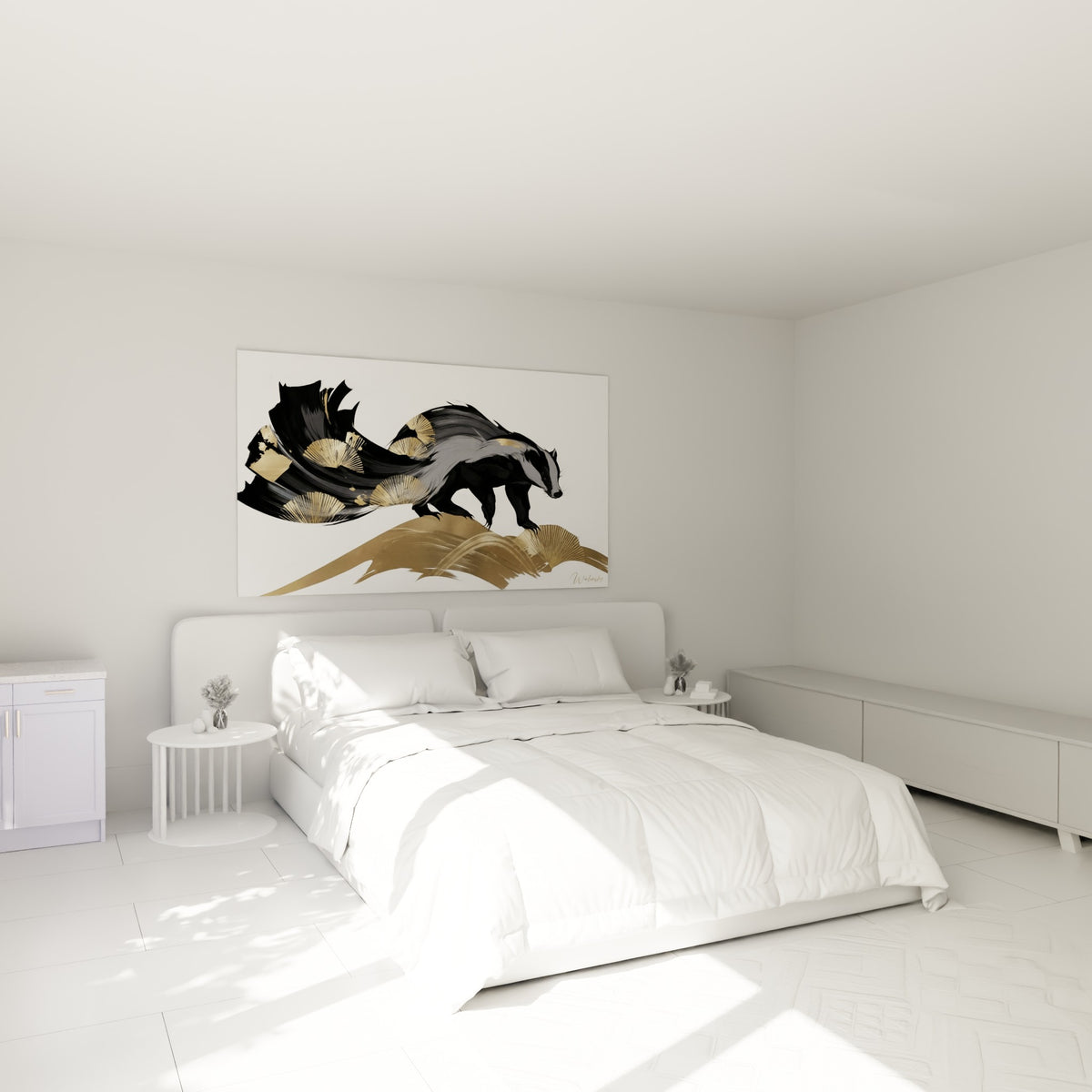 Silhouette de blaireau anthracite et or au-dessus d'un lit dans une chambre claire