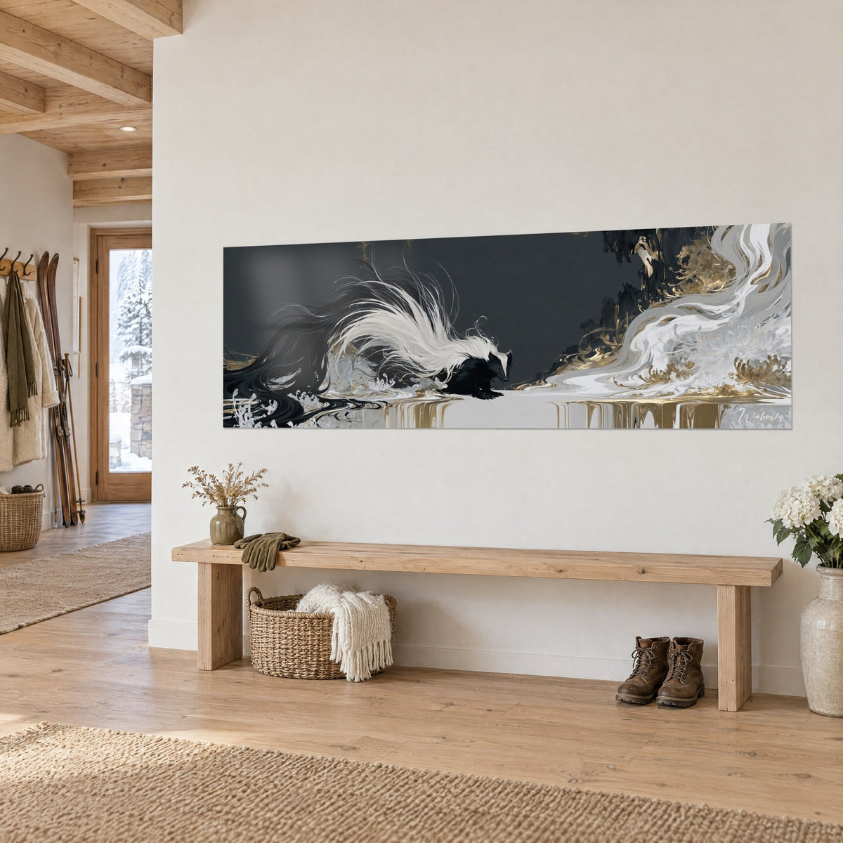 Wall art mustelid striped in black and ivory, long flowing grey and gold mane on a white wall, oak console, chalet