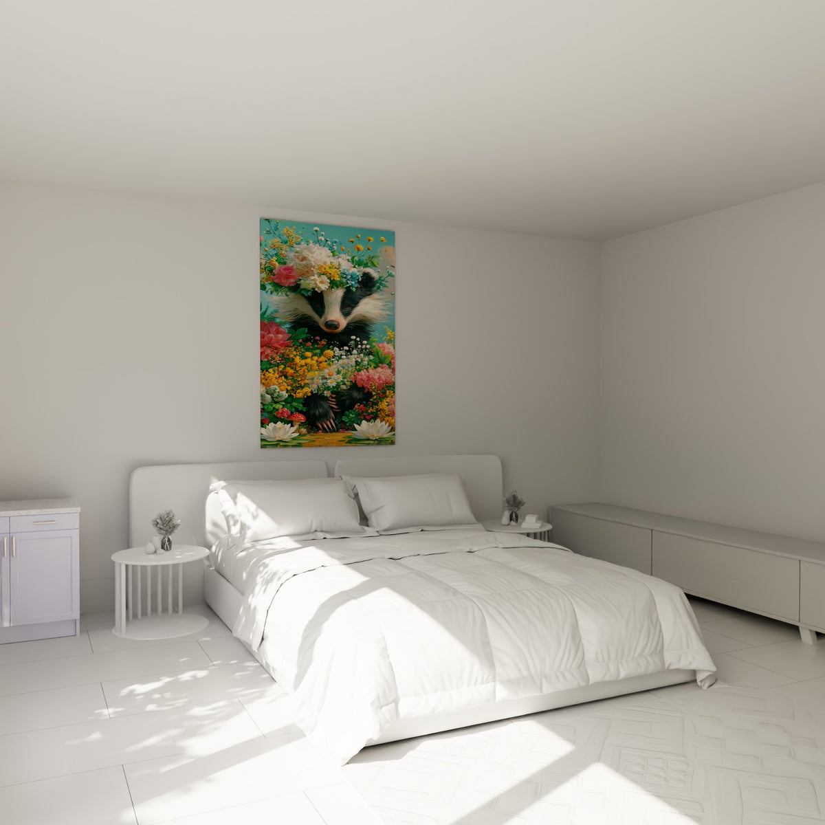 Museau de blaireau entouré de pivoines roses et marguerites blanches, au-dessus d'un lit dans une chambre claire