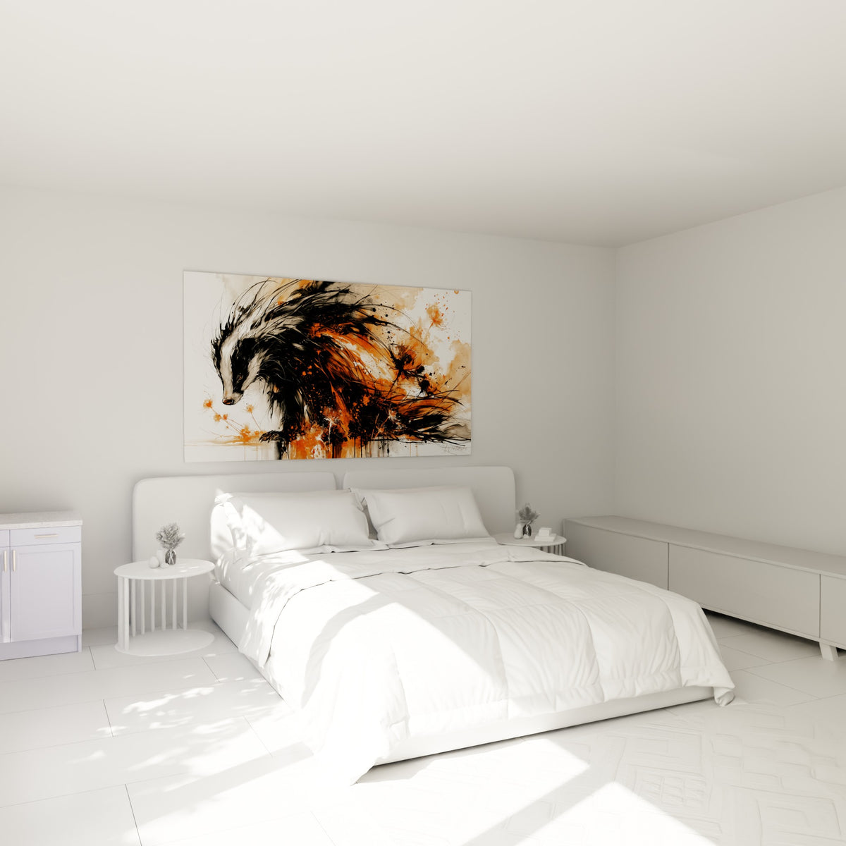 Silhouette de blaireau noir et orangé accrochée au-dessus d'un lit dans une chambre claire