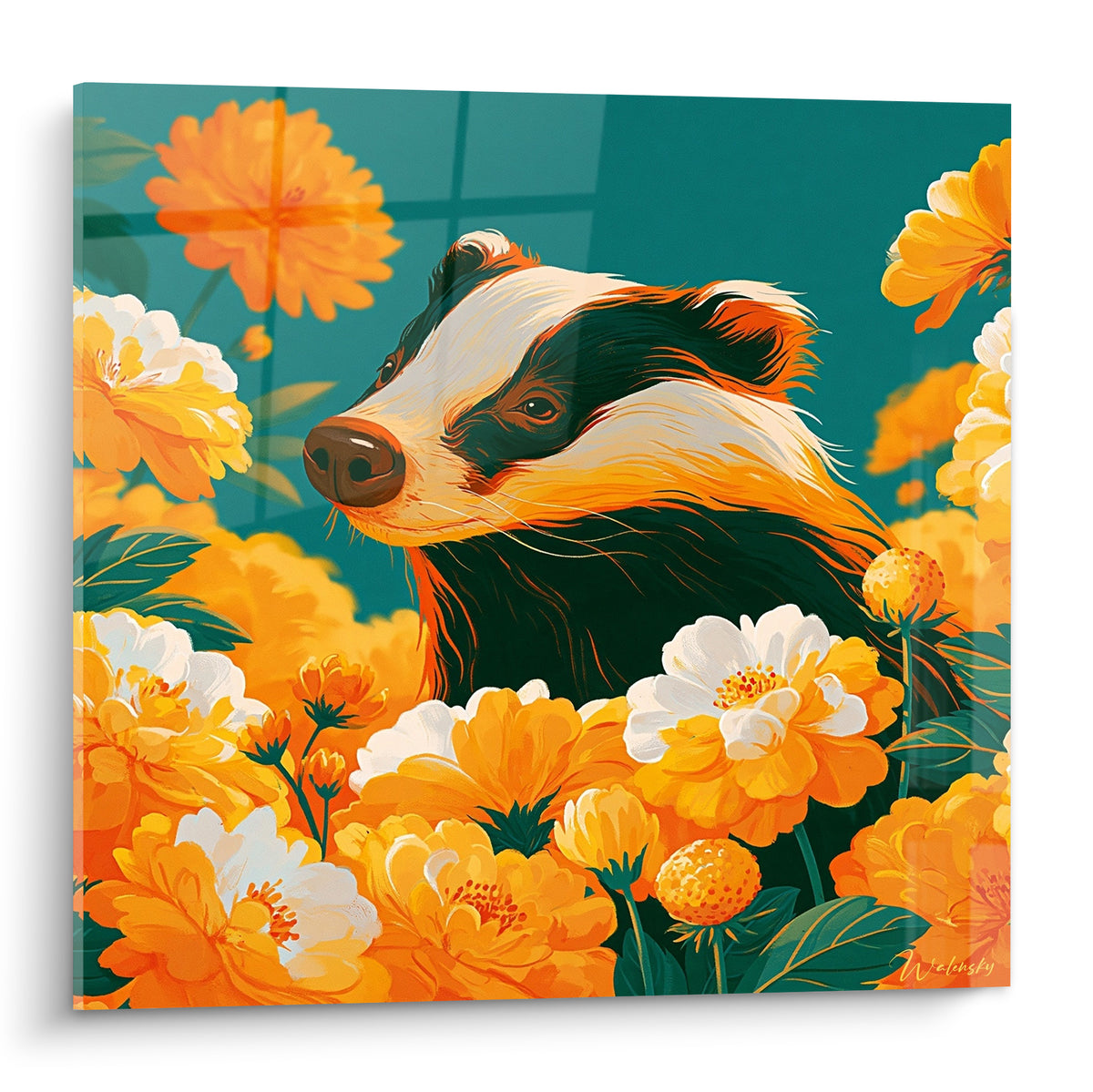 Blaireau au museau brun niché parmi des fleurs orangées et blanches sur fond turquoise vif