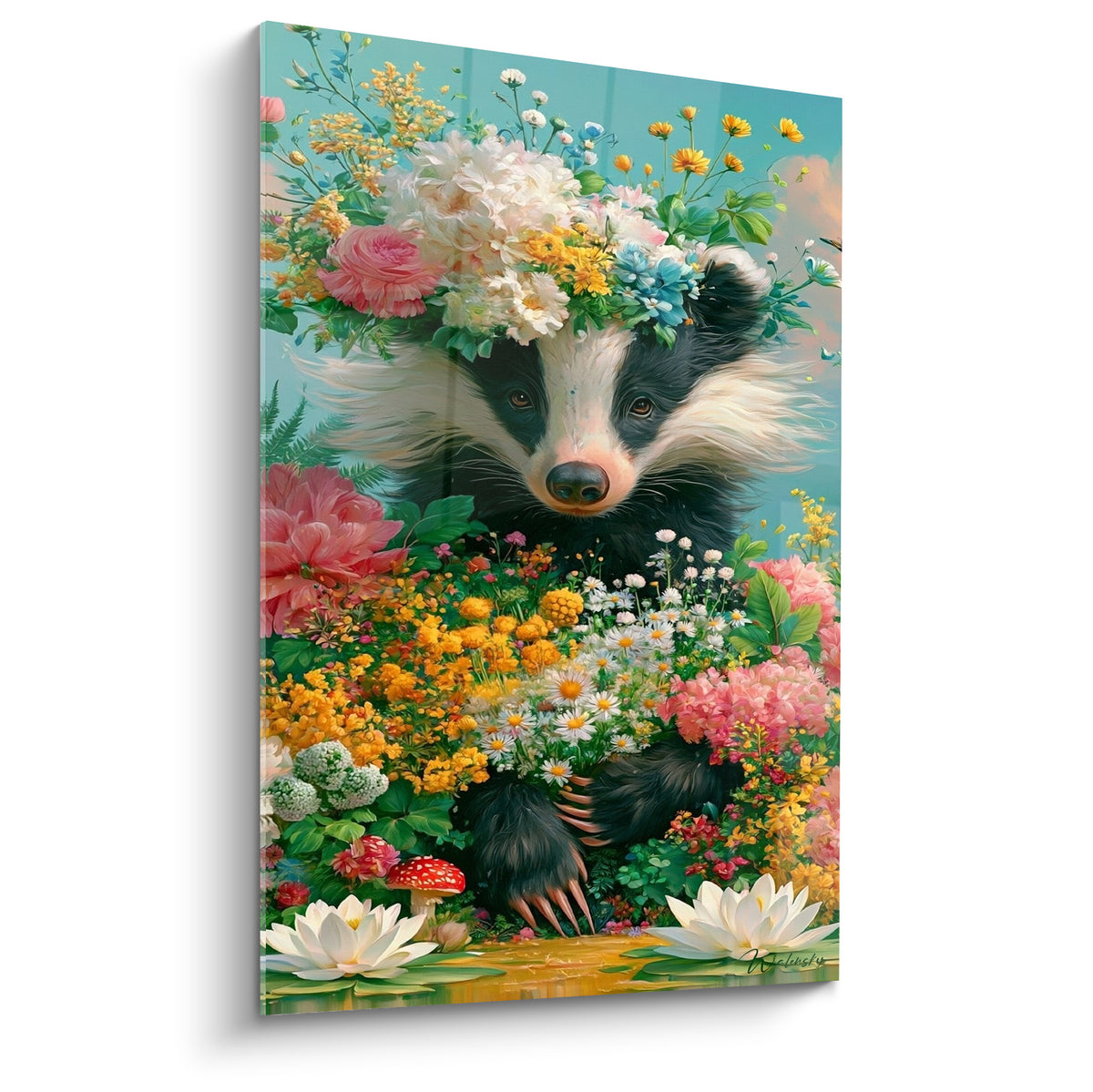 Blaireau noir et blanc couronné de fleurs roses, jaunes et blanches sur fond bleu turquoise