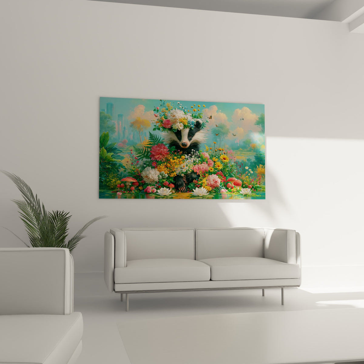 Créature florale au pelage noir et blanc parmi les fleurs jaunes et roses, au-dessus d'un canapé dans un salon lumineux