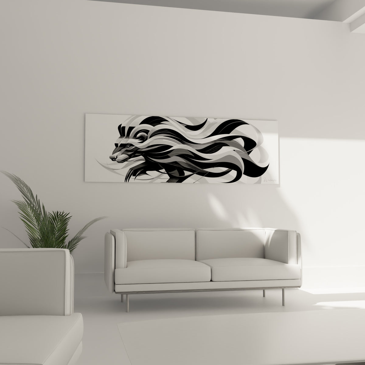 Mouvement tourbillonnant du blaireau en noir et blanc, placé au-dessus d'un canapé dans un salon lumineux
