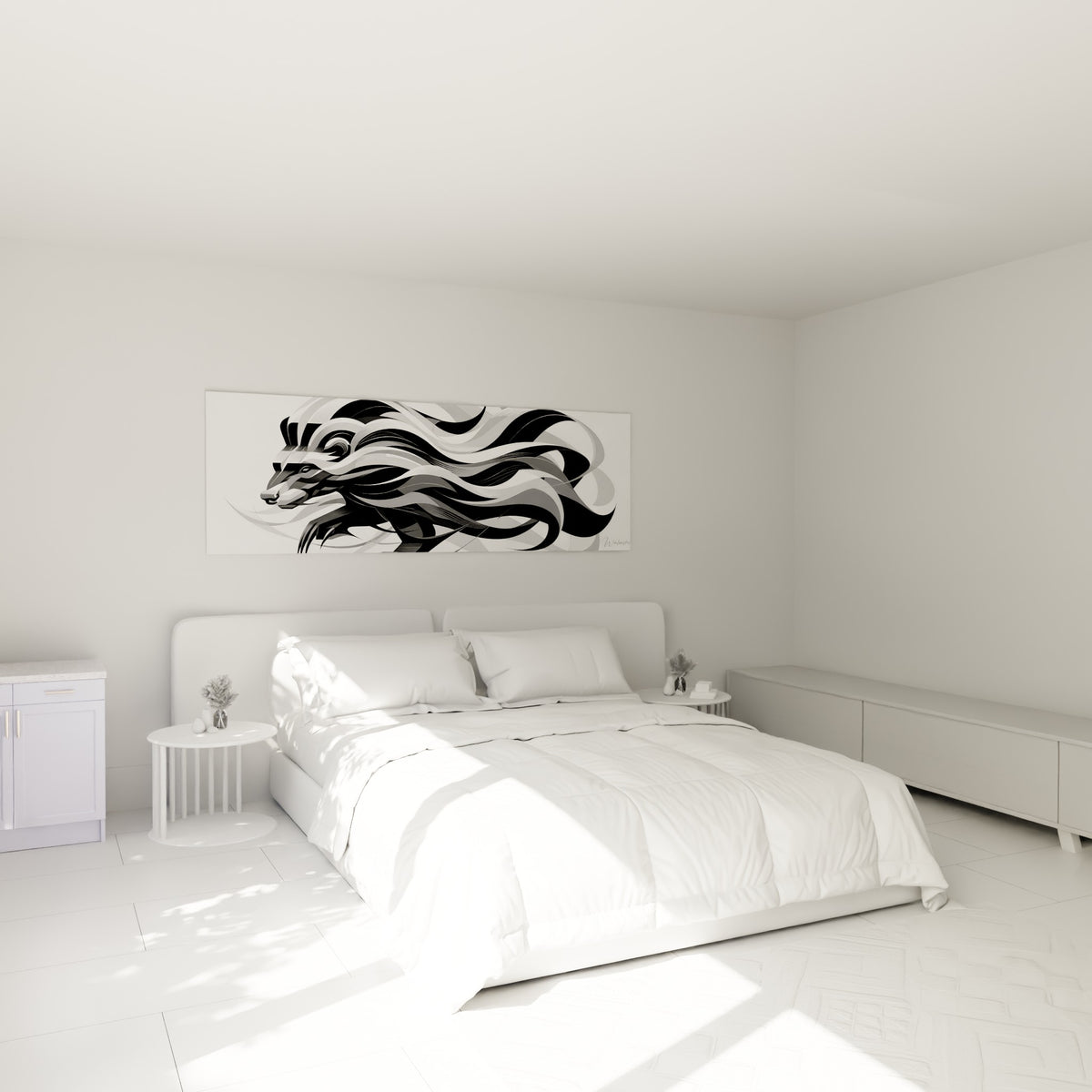Silhouette de blaireau graphique noir et gris, accrochée au-dessus d'un lit dans une chambre claire
