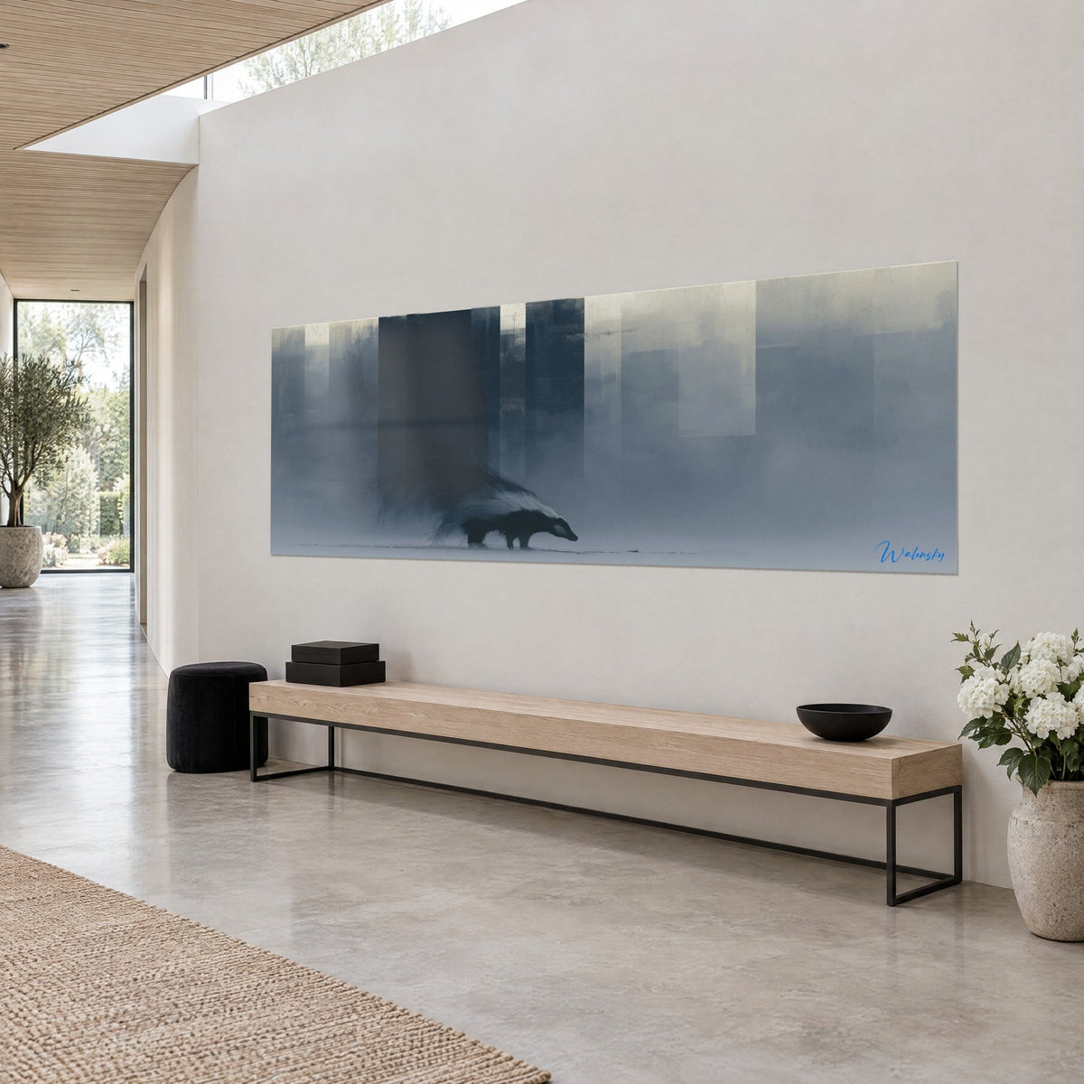 Wall art pale-backed mustelid walking past fog-drowned facades, steel blue and off-white, above a light oak bench