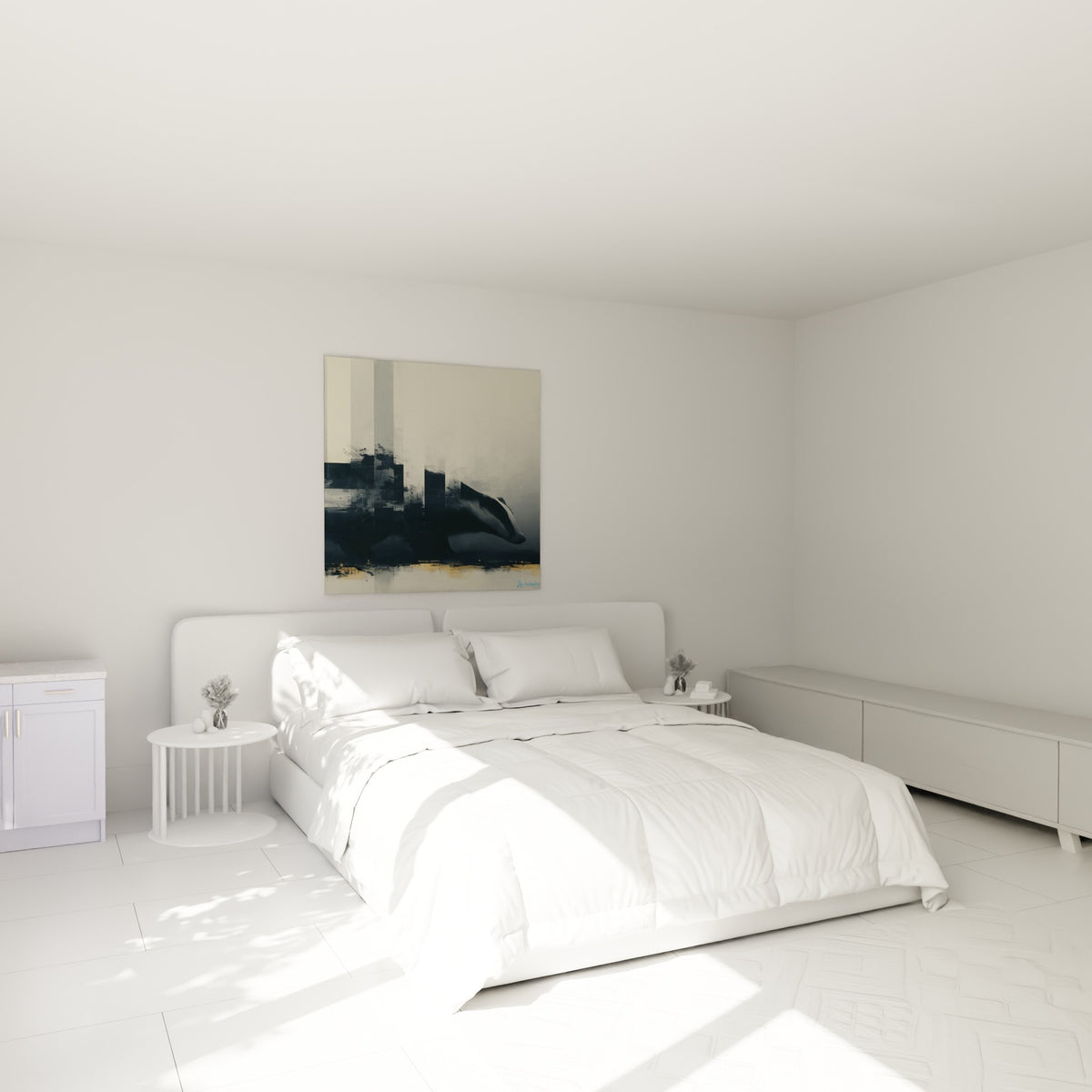 Silhouette de blaireau anthracite et beige accrochée au-dessus d'un lit dans une chambre claire