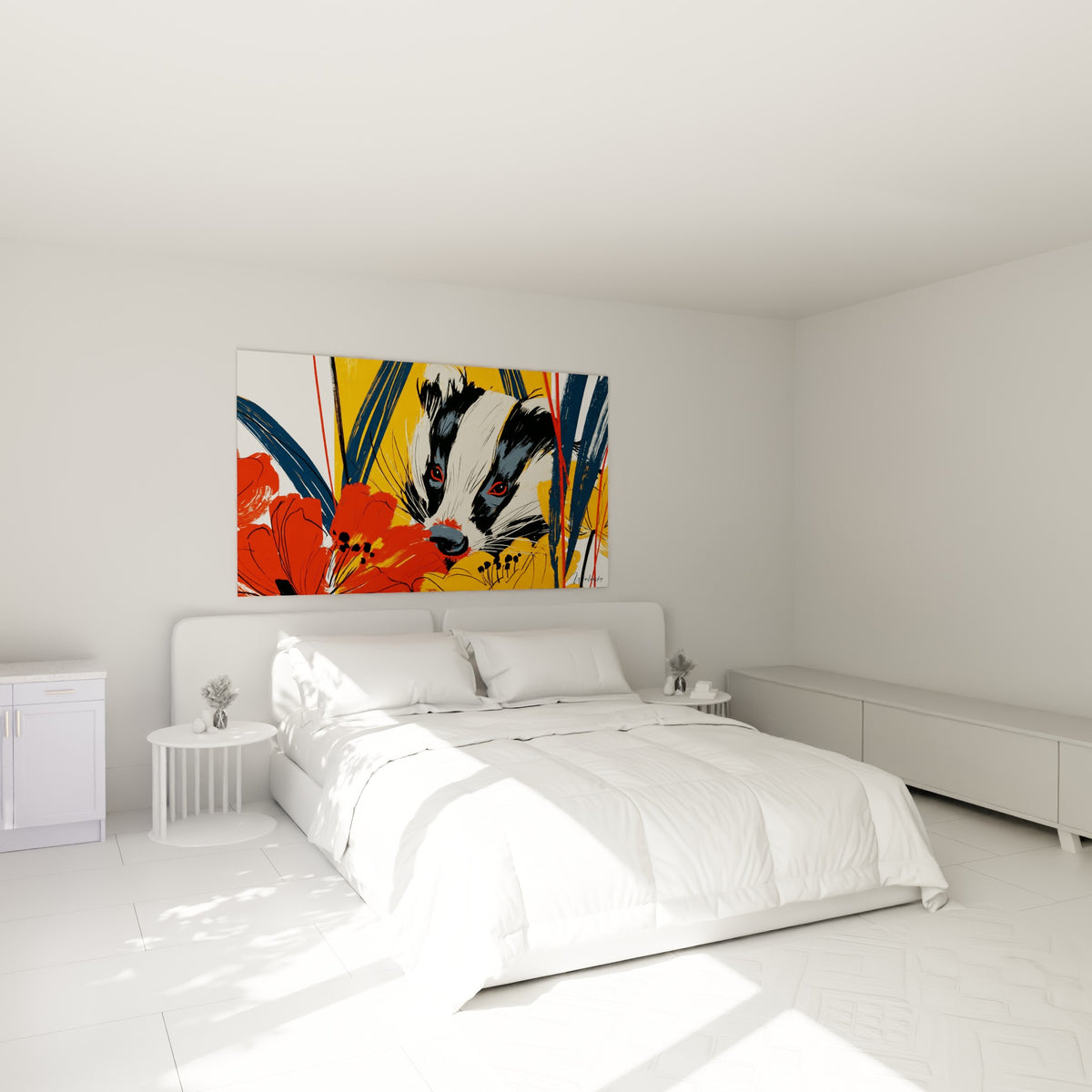 Masque noir et blanc du blaireau entouré de fleurs rouges, au-dessus d'un lit dans une chambre claire