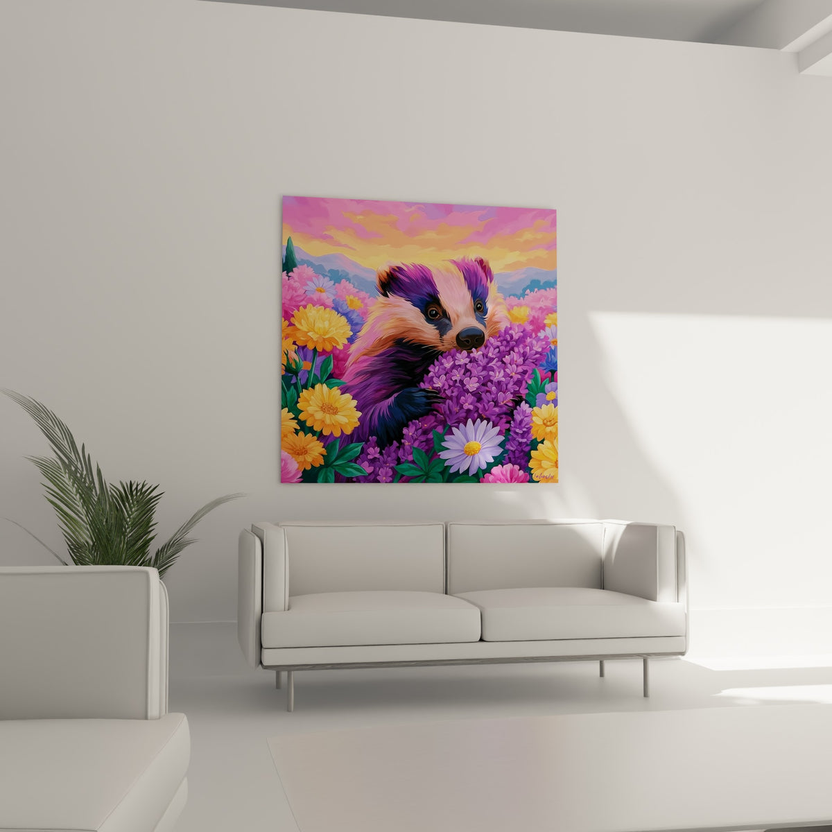Regard curieux du blaireau mauve parmi les marguerites lavande, au-dessus d'un canapé dans un salon lumineux