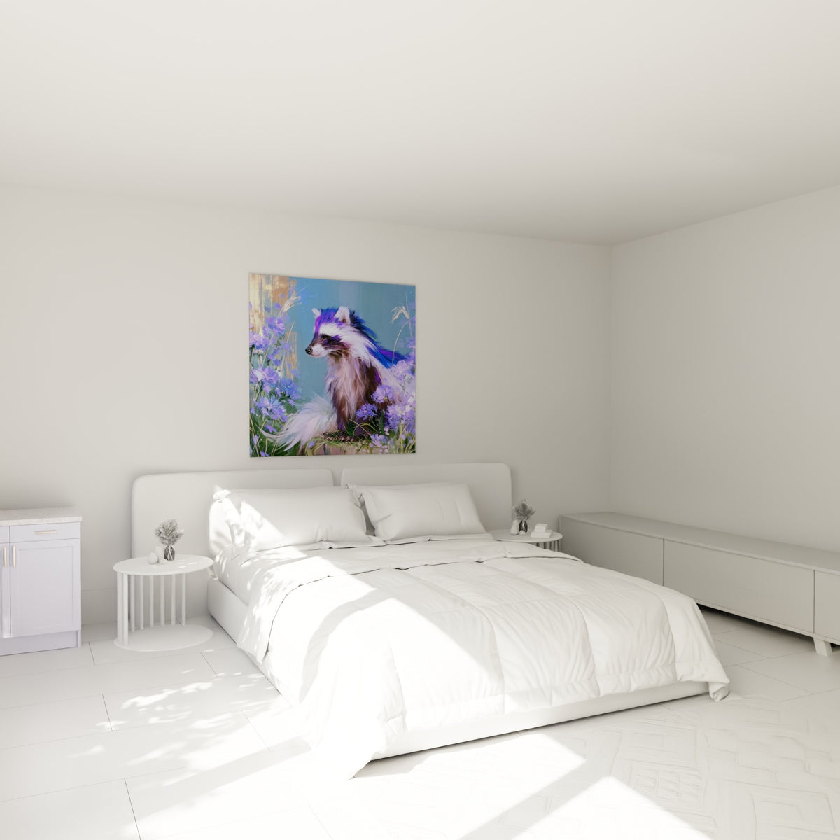 Créature au pelage violet et bleu électrique entourée de fleurs lavande, au-dessus d'un lit dans une chambre claire