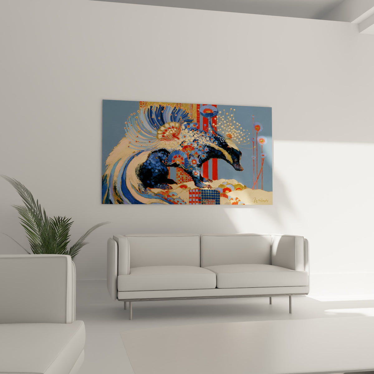 Composition florale corail et bleu marine autour du blaireau au-dessus d'un canapé dans un salon lumineux