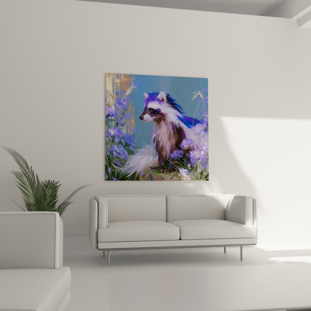 Museau blanc et yeux sombres du blaireau aux mèches bleutées, au-dessus d'un canapé dans un salon lumineux