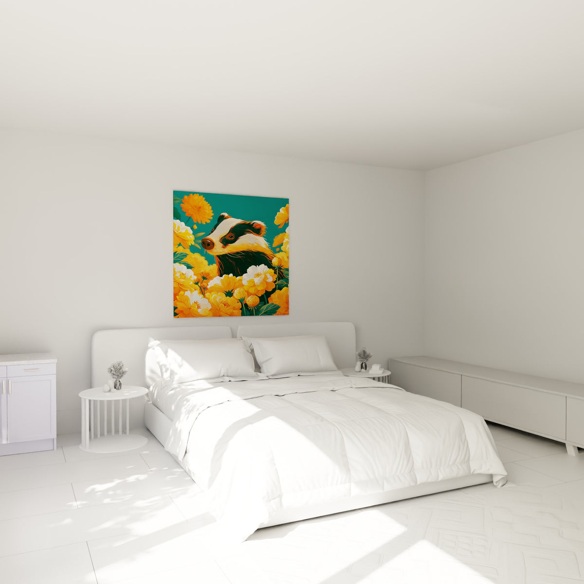 Museau expressif du blaireau entouré de fleurs orangées, accroché au-dessus d'un lit dans une chambre claire